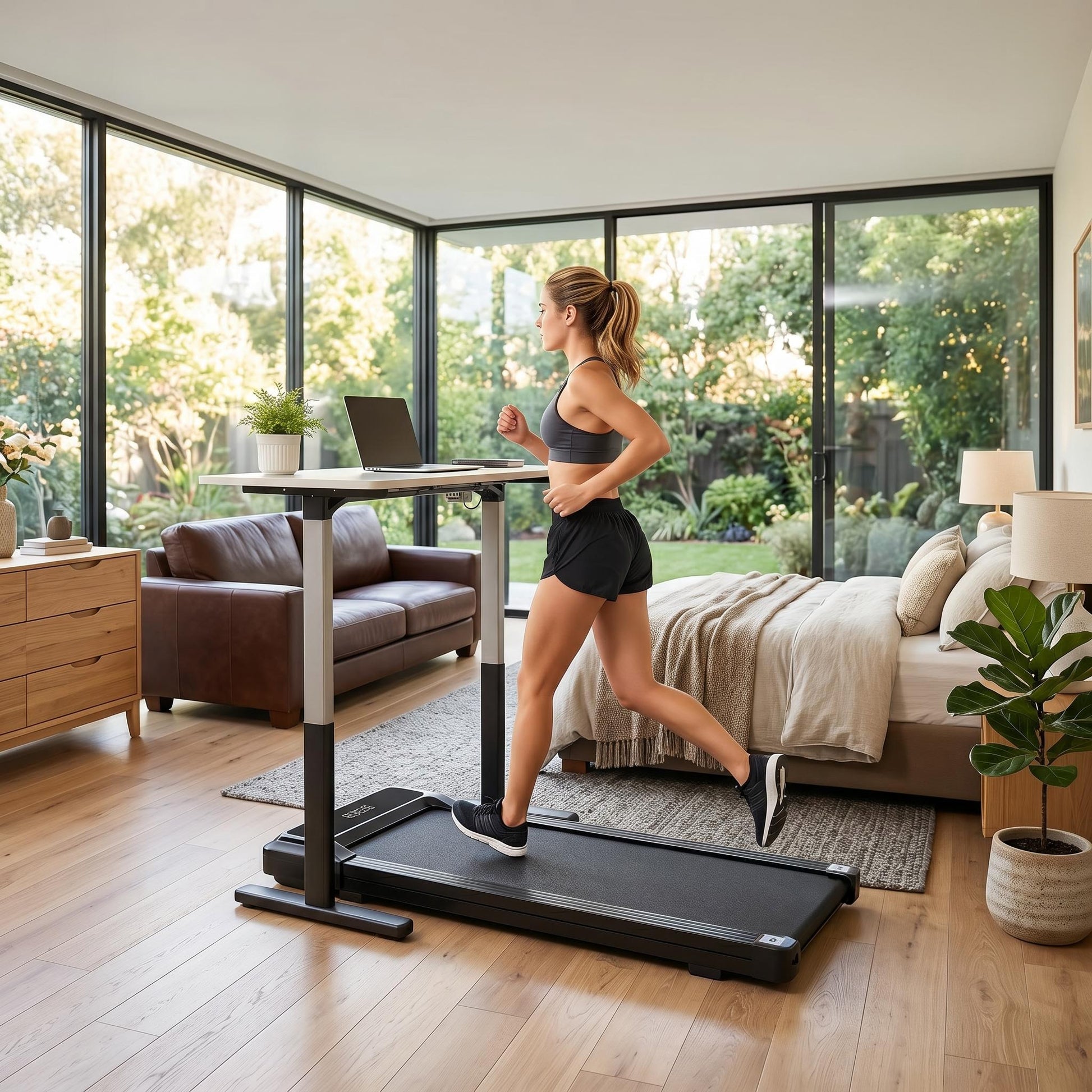 Woman running on a black under-desk treadmill at a standing desk in a modern room.