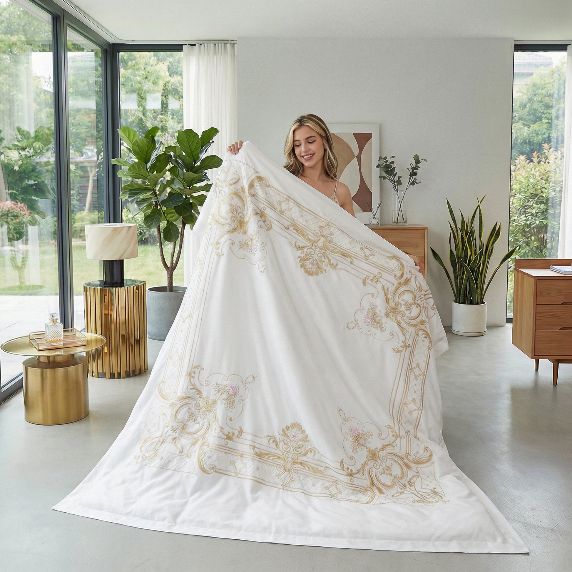 Blonde woman holding up a white King size cotton duvet cover with elegant gold concentric patterns.