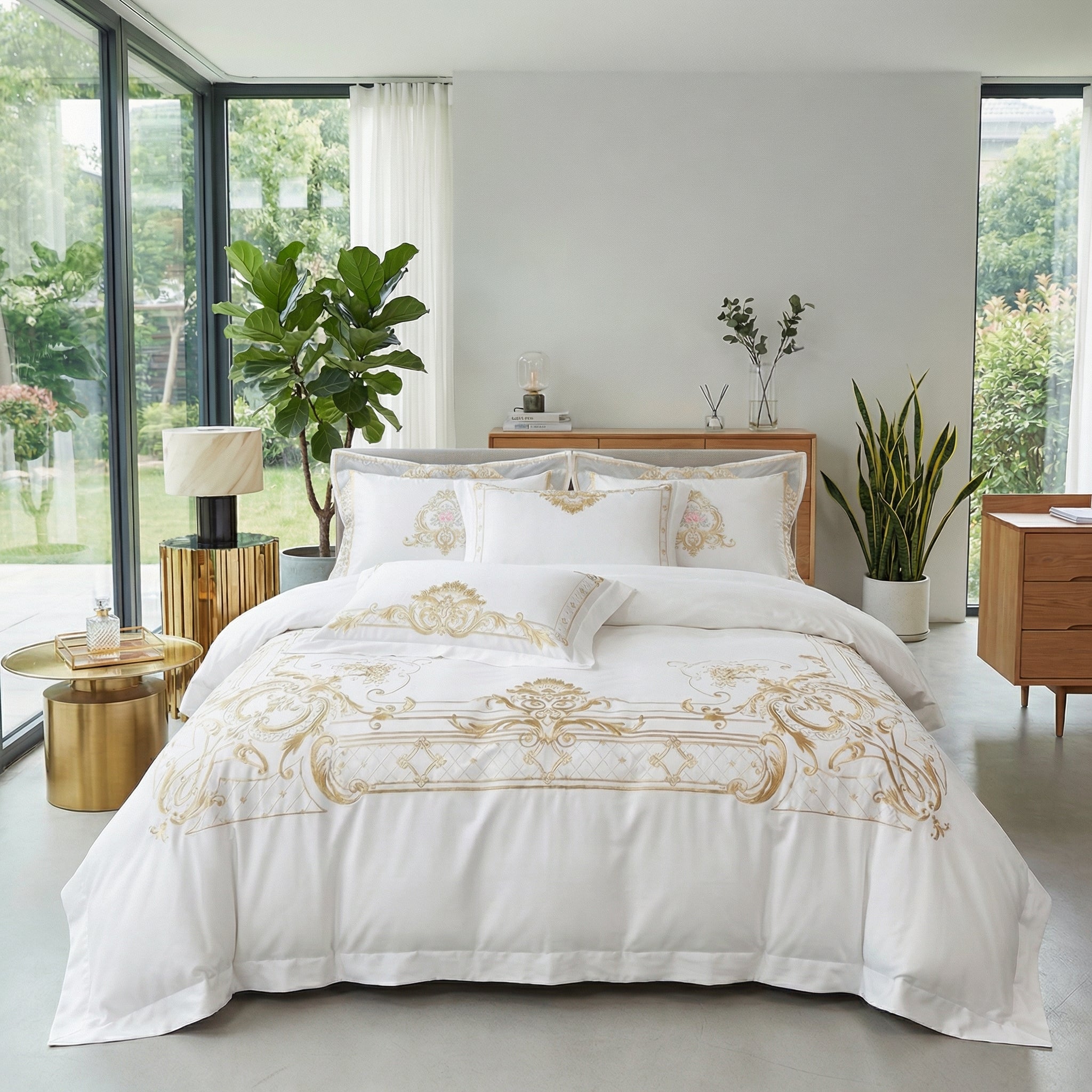 King size white cotton duvet cover set with elegant gold concentric embroidery.