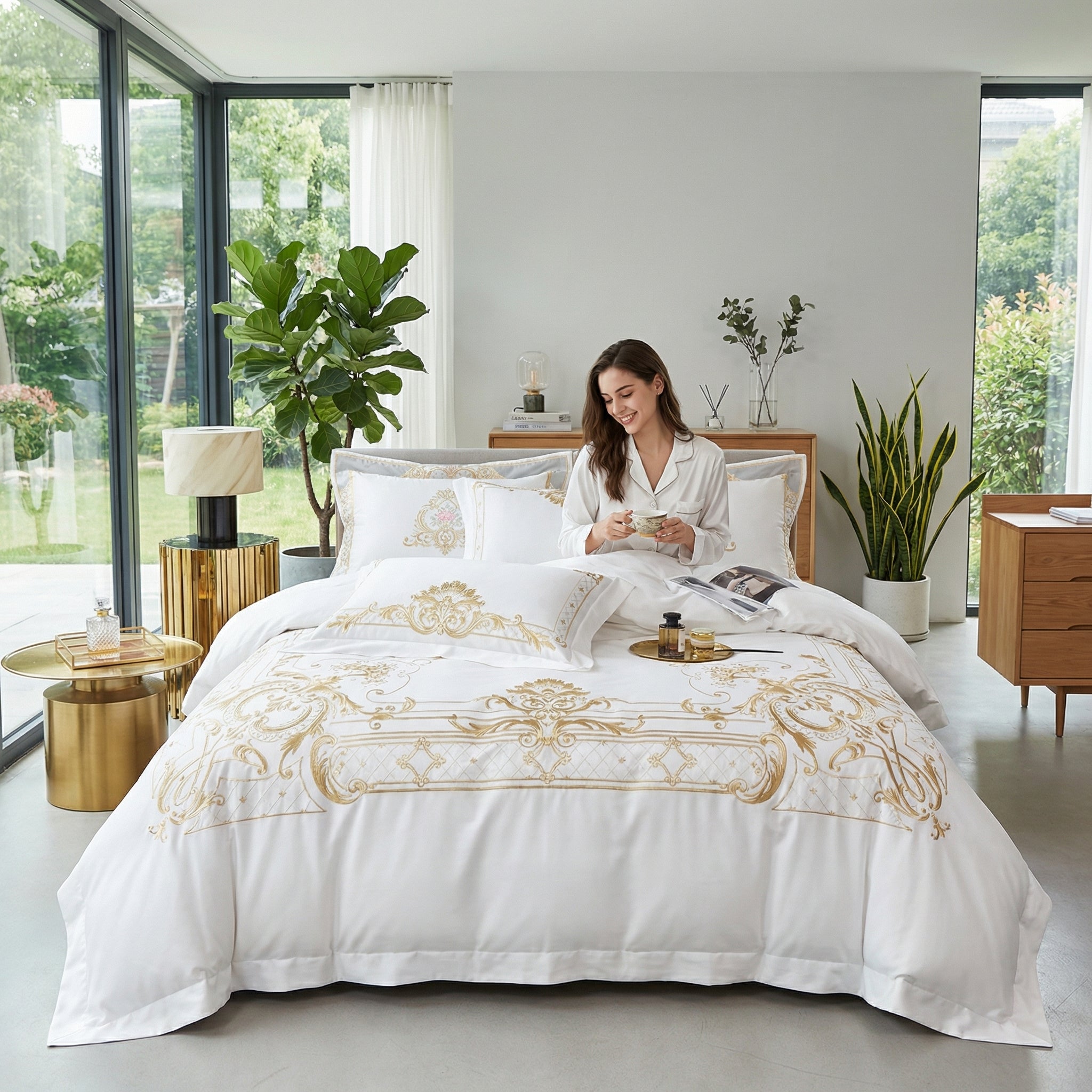 King size white cotton duvet cover set with elegant gold concentric embroidery and a woman relaxing in bed.