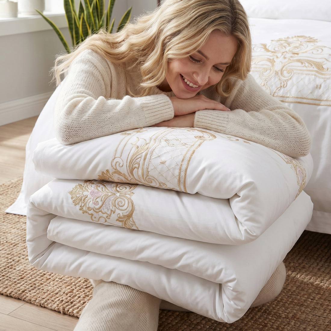 White Egyptian cotton duvet cover set with elegant gold geometric embroidery on a tufted bed in a modern bedroom.