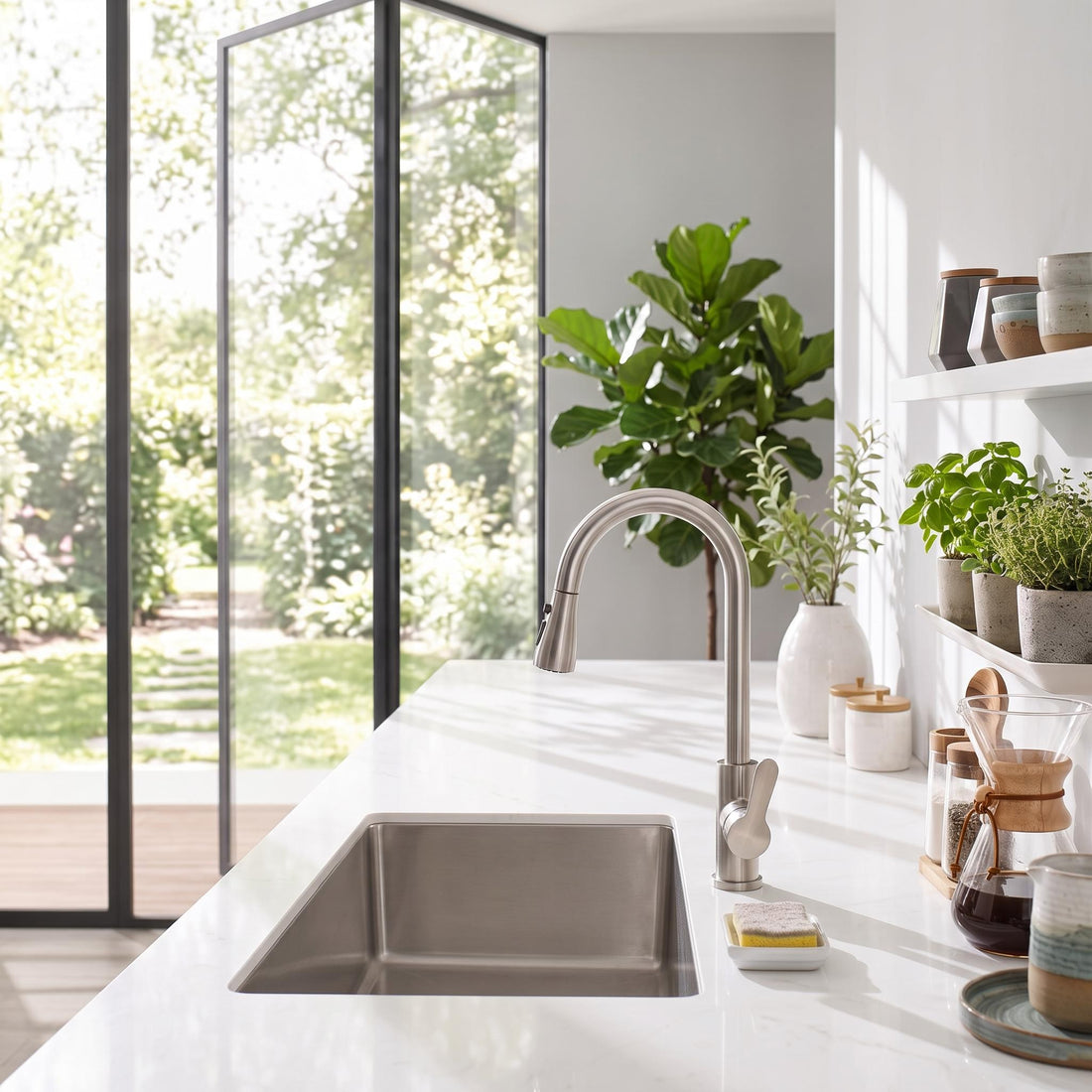 Woman using a sleek silver stainless steel pull-out kitchen faucet to wash a plate in a modern kitchen sink.