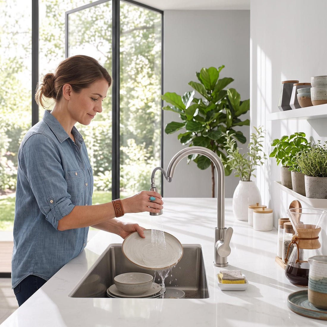 Woman using a sleek silver stainless steel pull-out kitchen faucet to wash a plate in a modern kitchen sink.