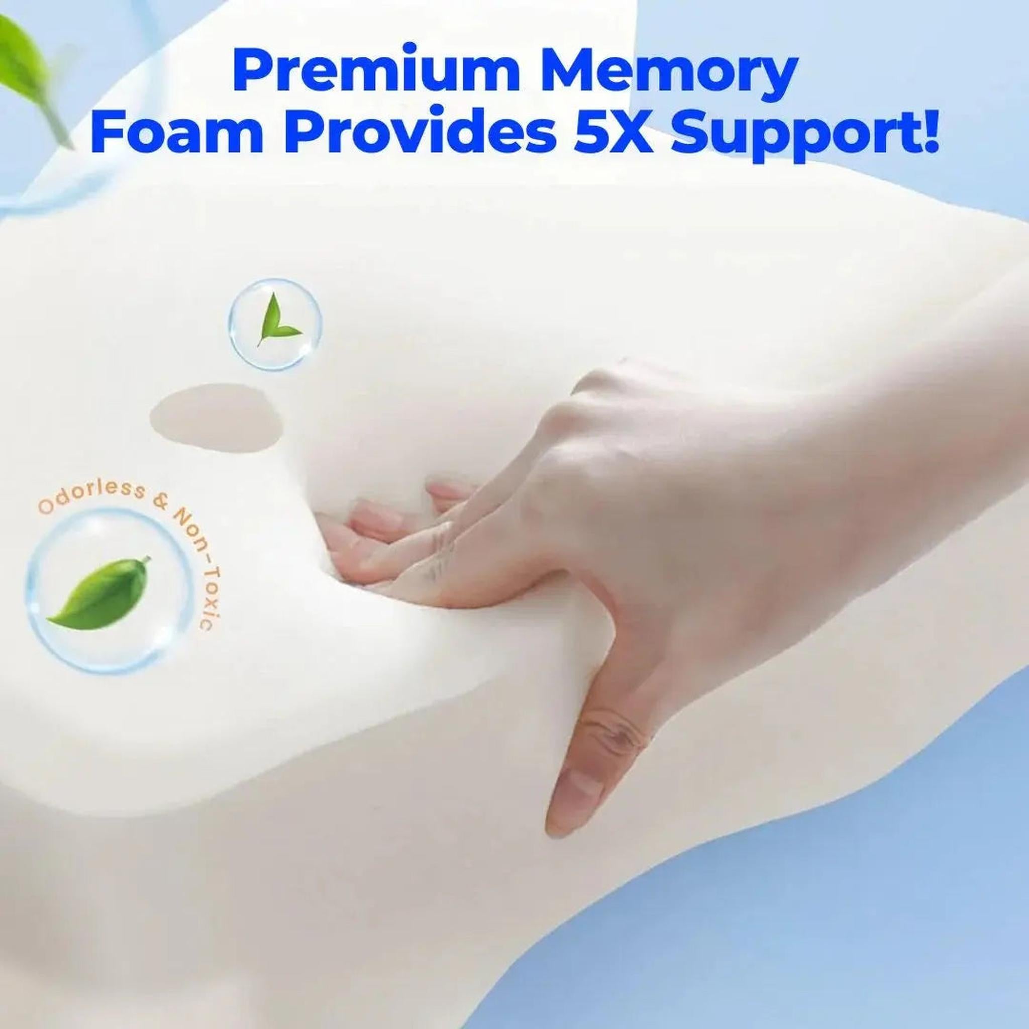 Hand pressing into a white memory foam contour pillow, highlighting its supportive and odorless design.