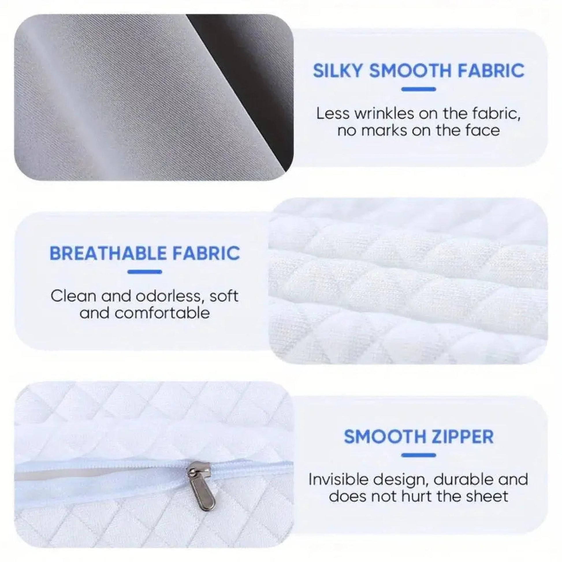Close-up of white contour pillow features: silky smooth fabric, breathable quilted texture, and a smooth zipper.