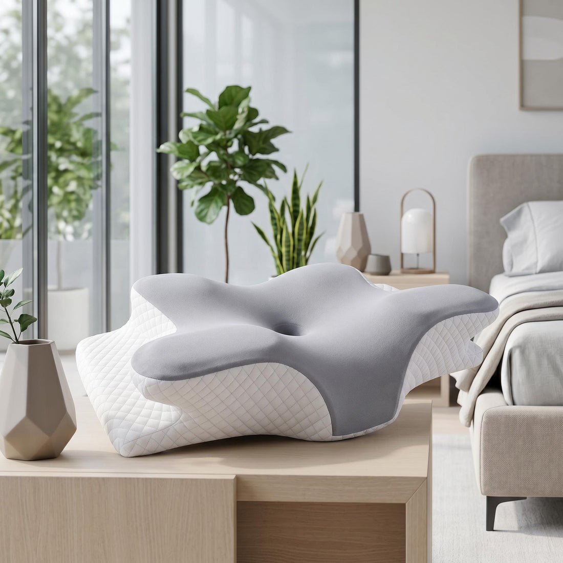 Woman sleeping on a white and grey memory foam contour pillow for neck support.