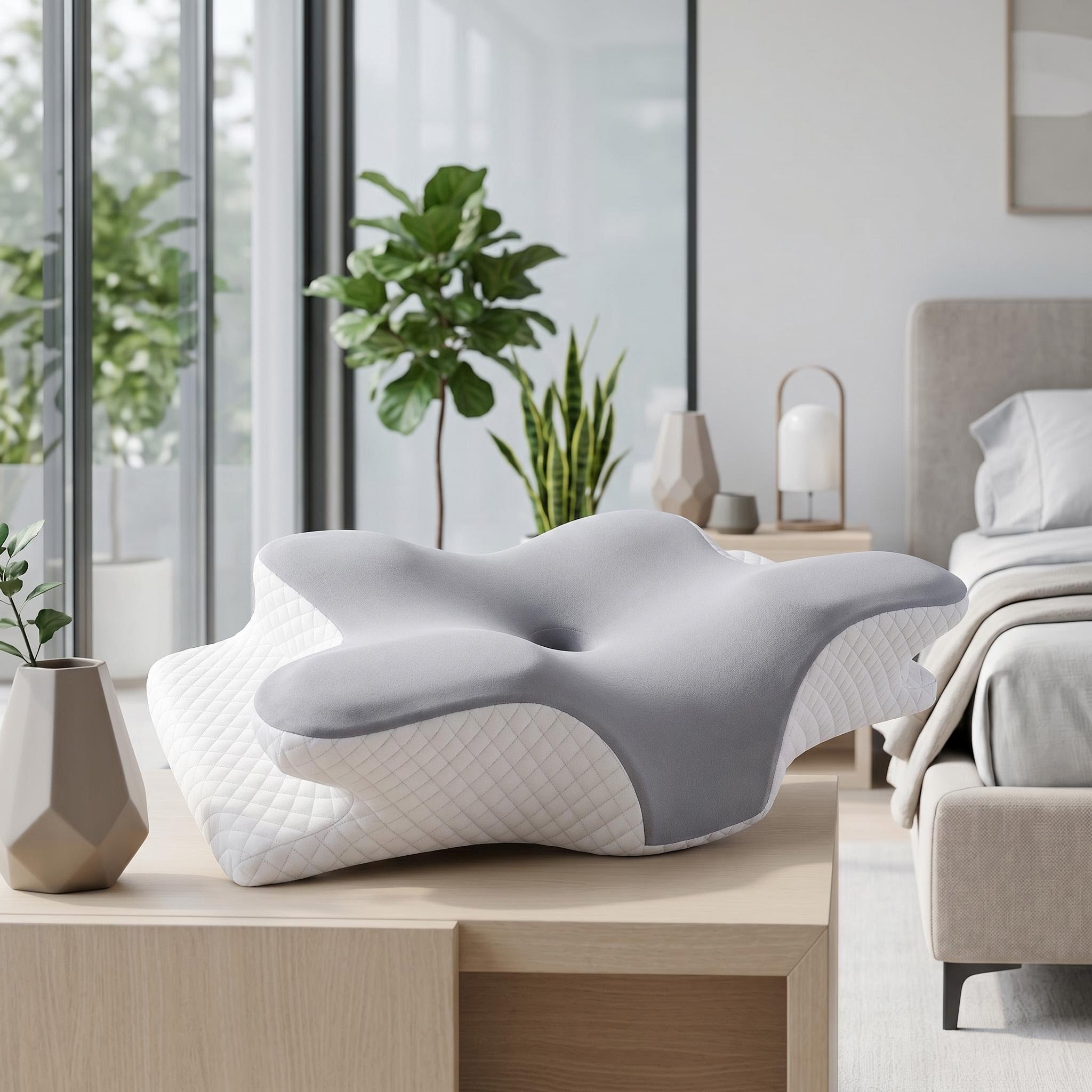 Ergonomic grey and white contour memory foam pillow on a wooden table in a modern bedroom.