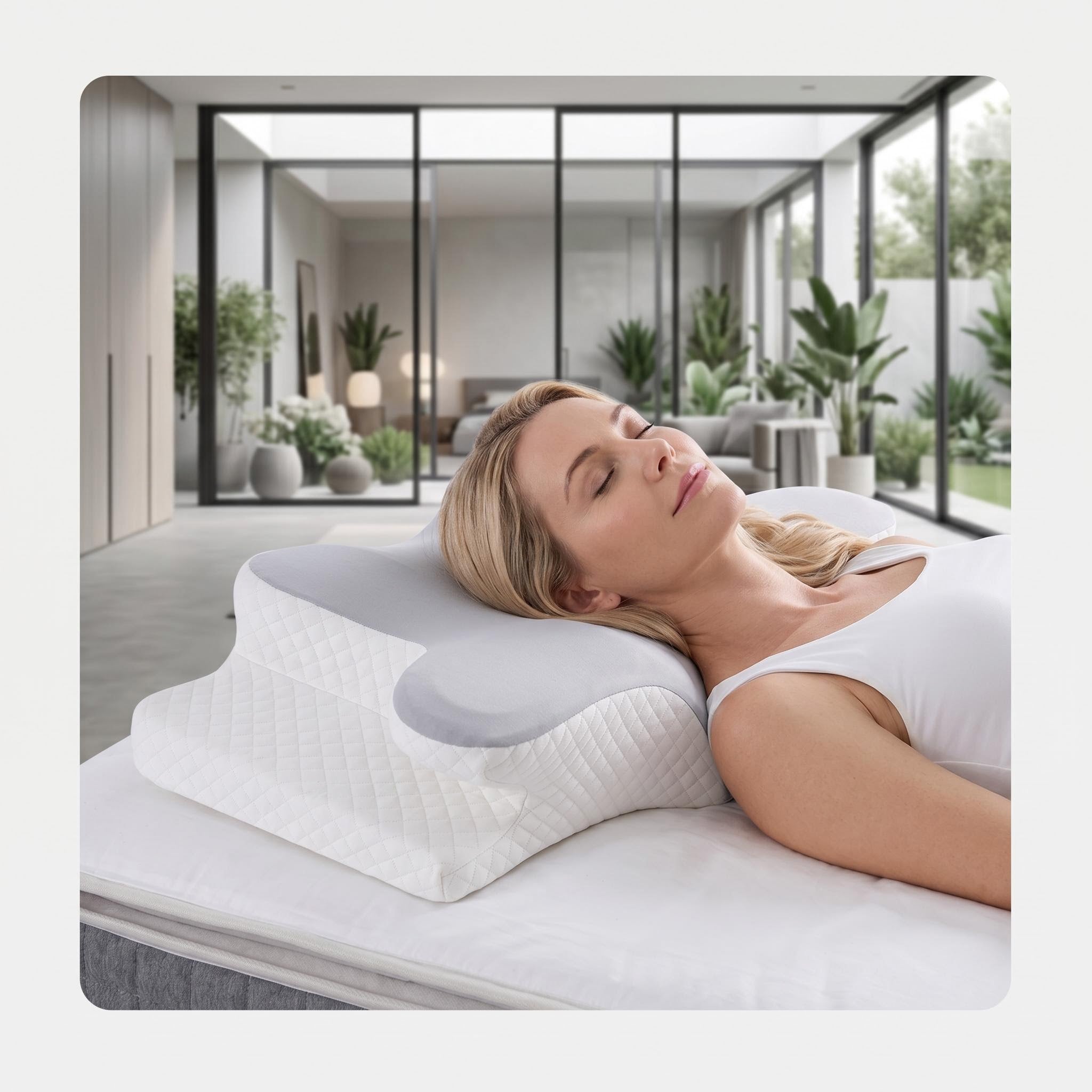 Woman sleeping on a white and grey ergonomic memory foam contour pillow for neck support.