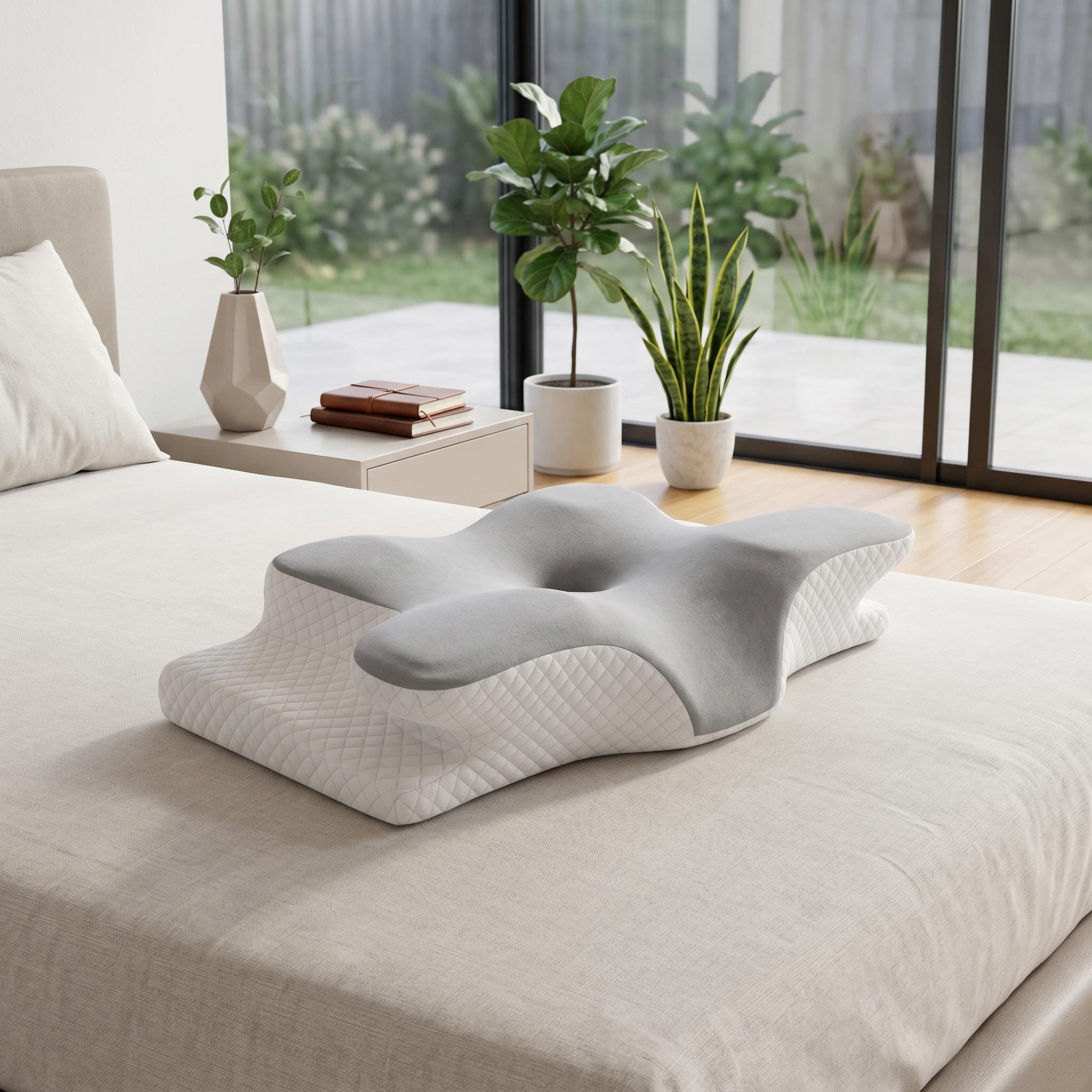 Ergonomic grey and white contour memory foam pillow on a bed, designed for neck support and side sleepers.