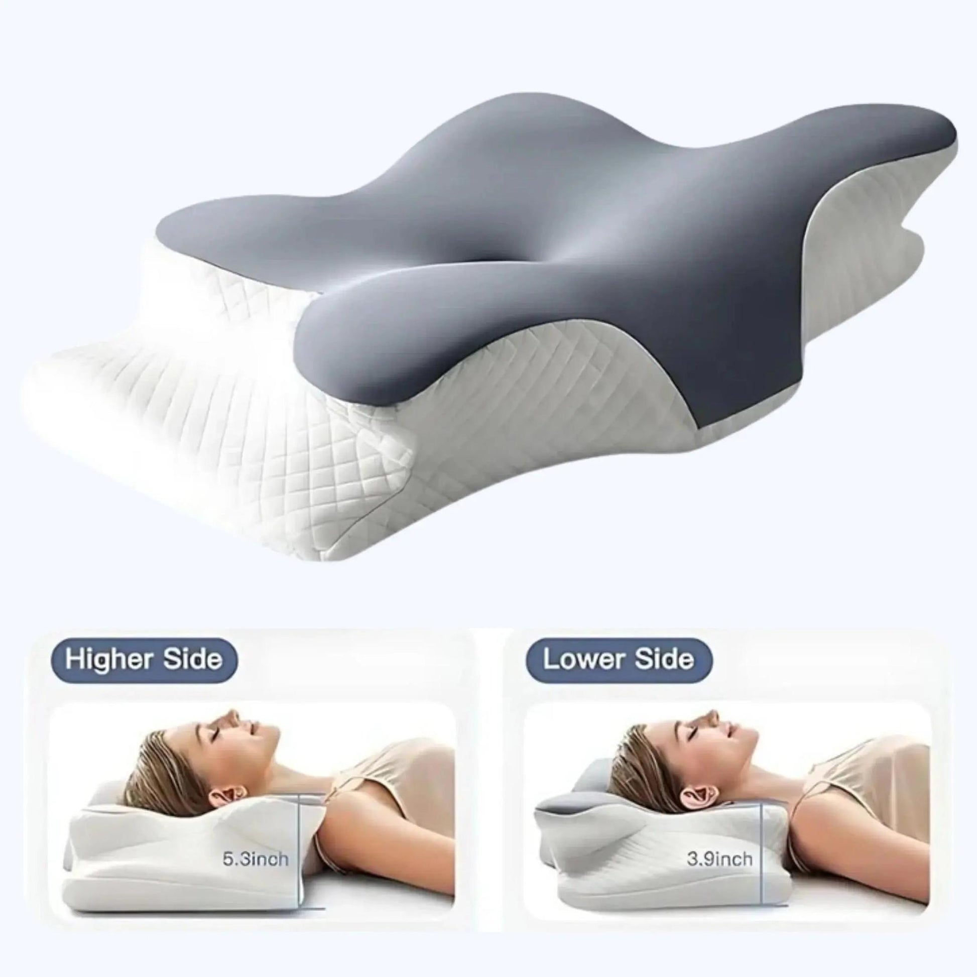 Ergonomic grey and white contour memory foam pillow showing high and low side neck support heights.