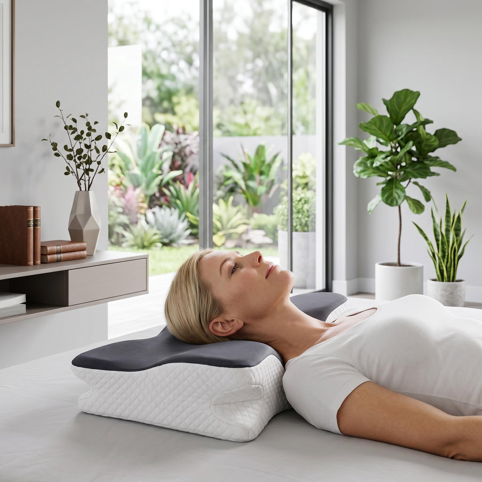 Woman resting on an ergonomic memory foam contour pillow with a white quilted base and grey top.