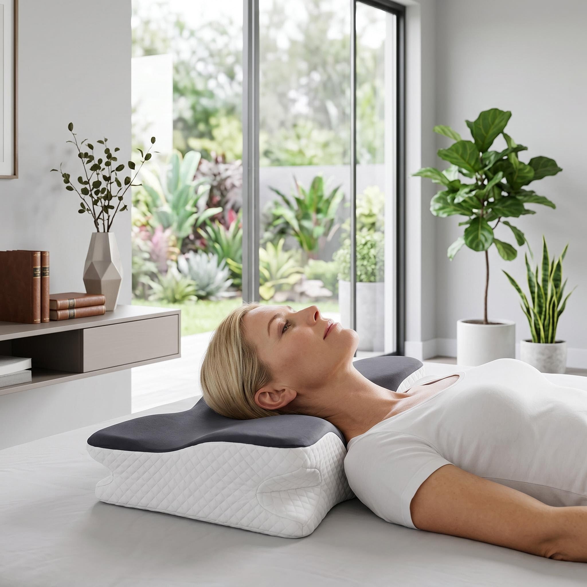 Woman resting on an ergonomic memory foam contour pillow with a white quilted base and grey top.