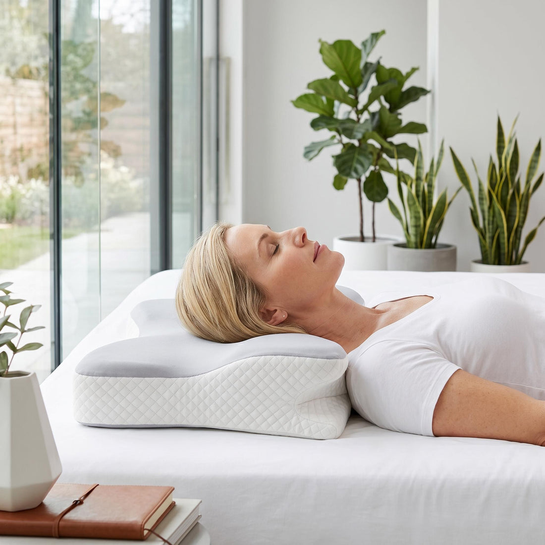 Woman sleeping on a white and grey memory foam contour pillow for neck support.