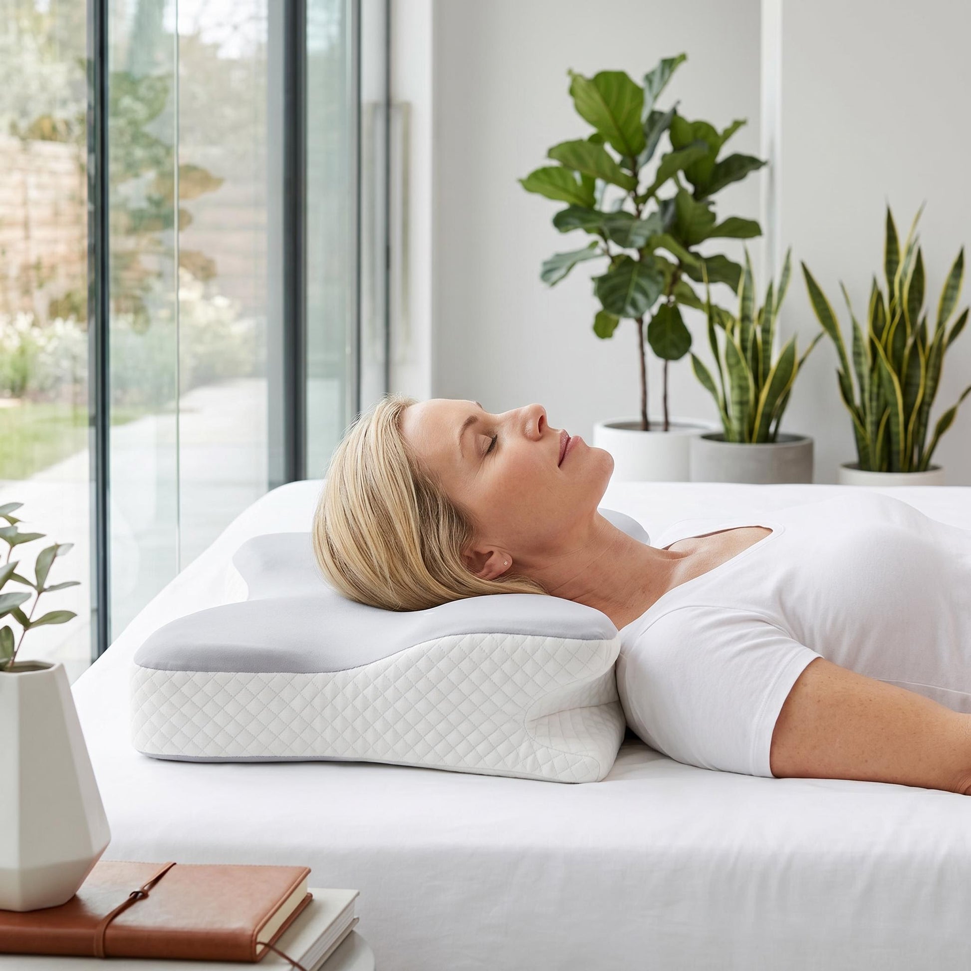 Woman sleeping on a white and grey memory foam contour pillow for neck support.