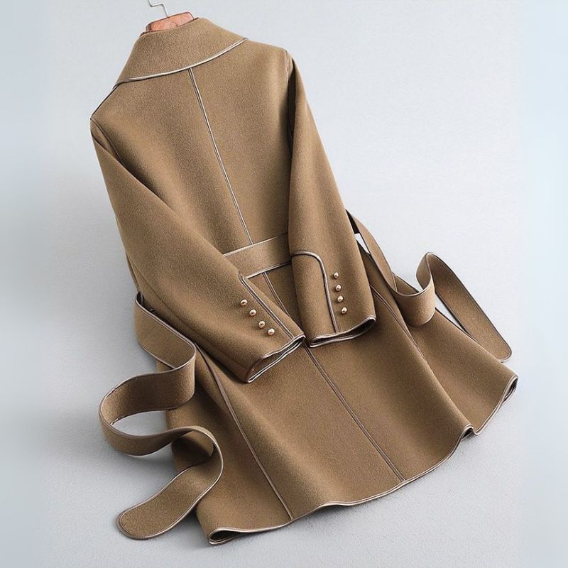 Contrast Trim Wool Coat with Self-Tie Belt for Women 1