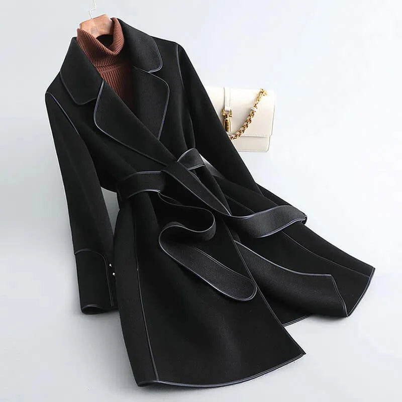 Contrast Trim Wool Coat with Self-Tie Belt for Women 4