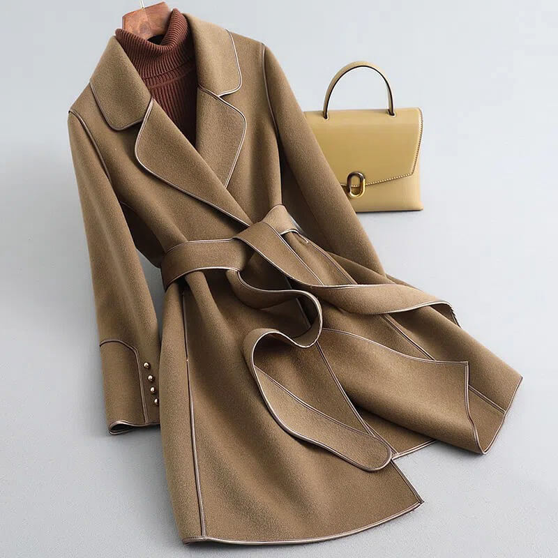 Contrast Trim Wool Coat with Self-Tie Belt for Women 0
