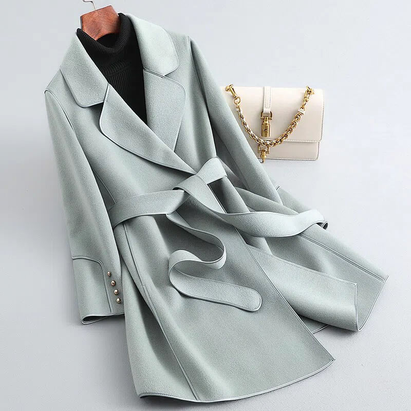 Contrast Trim Wool Coat with Self-Tie Belt for Women 3