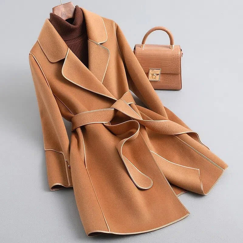 Contrast Trim Wool Coat with Self-Tie Belt for Women 2