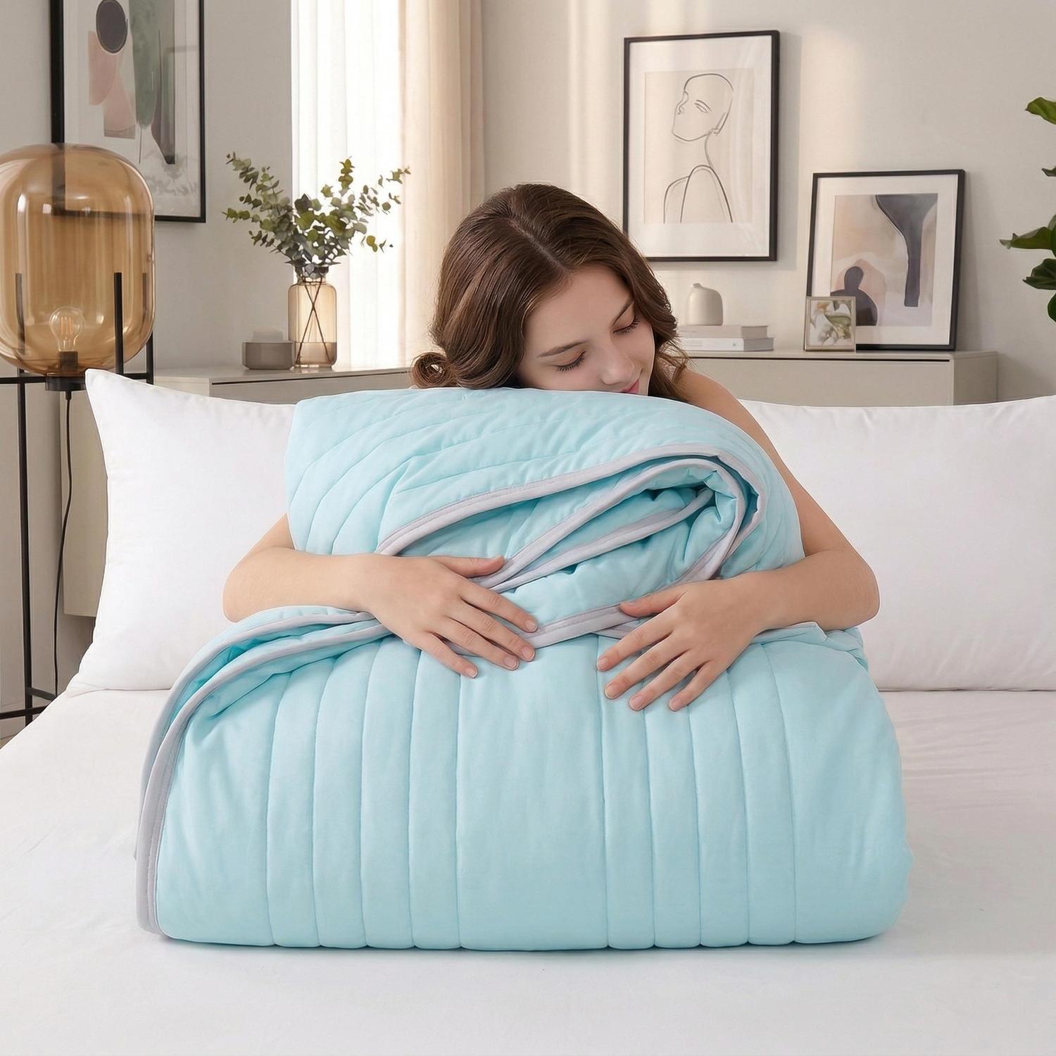 Woman embracing a folded light blue Cool Silk Summer Quilt with gray trim on a white bed.