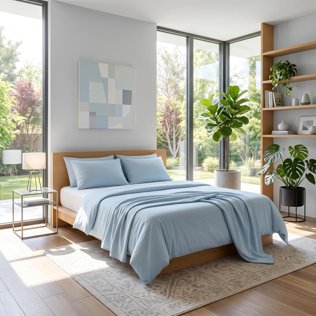 Light blue CoolRest cooling blanket on a bed in a bright, modern bedroom with plants.