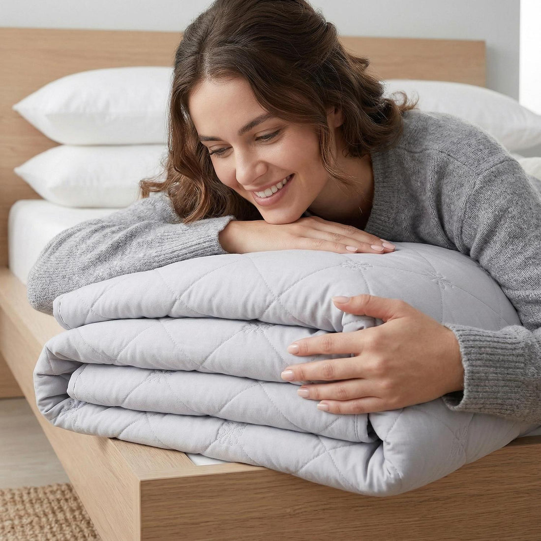 Woman relaxing on a light gray quilted cooling blanket and pillow in a modern bedroom.