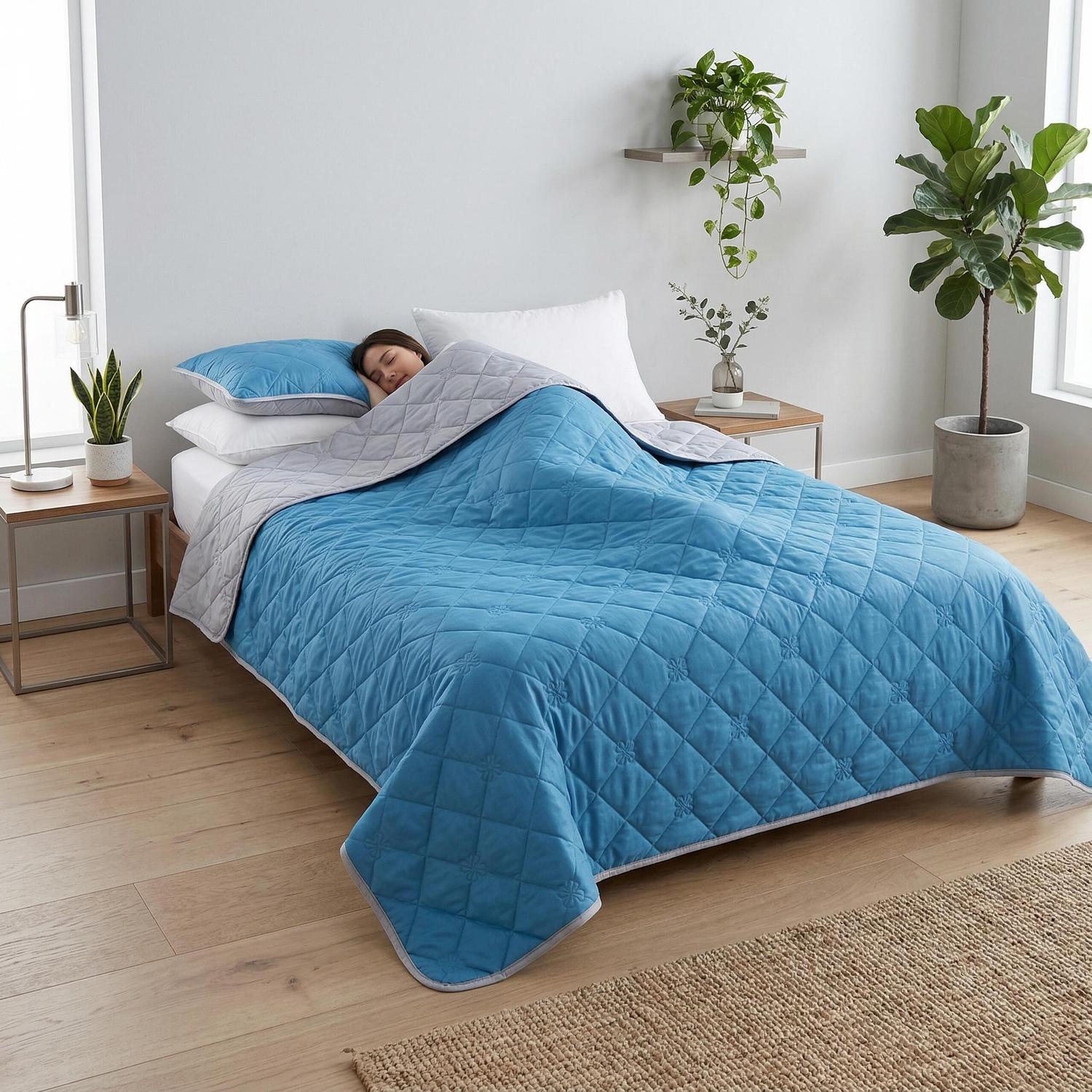 Woman sleeping soundly under a blue and gray dual-color cooling quilt blanket with diamond quilting.