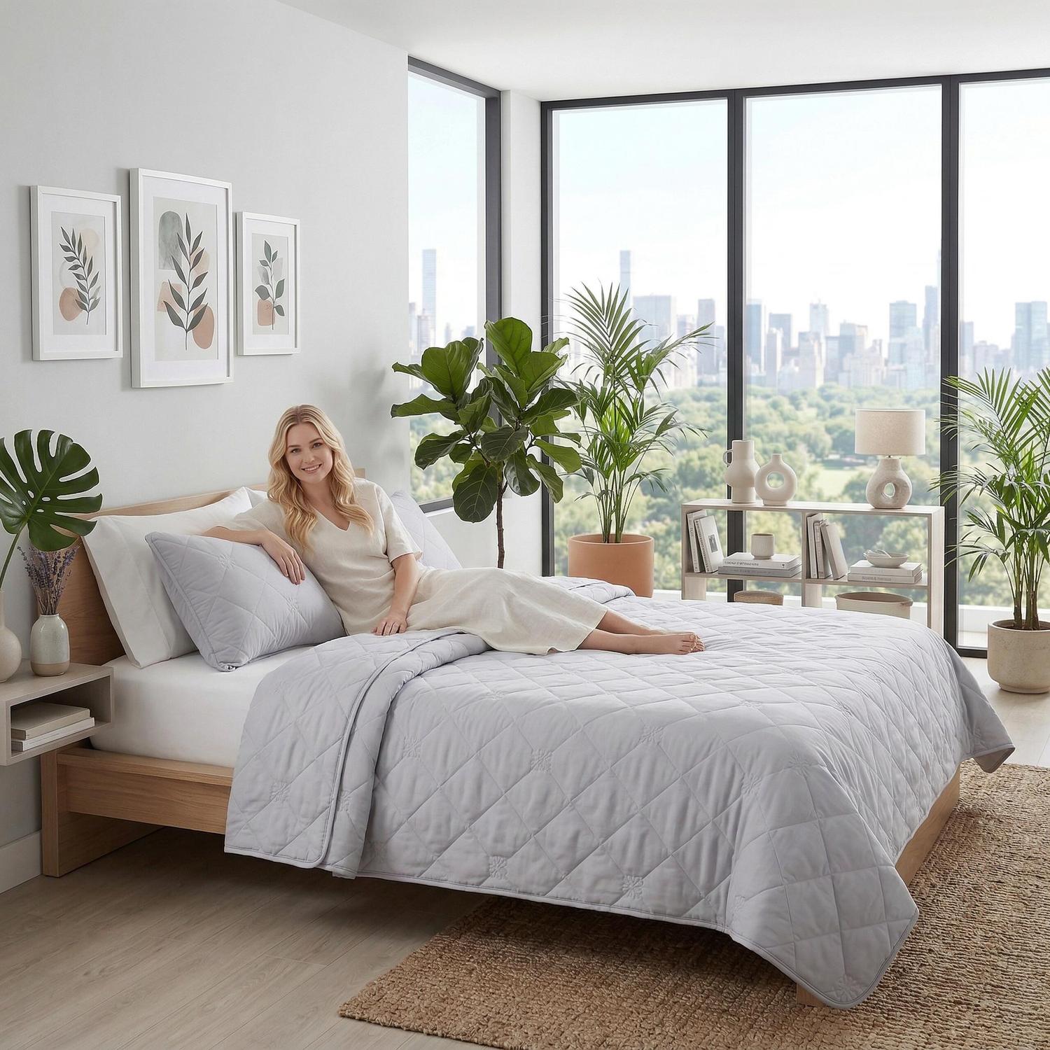 Woman relaxing on a light gray quilted cooling blanket and pillow in a modern bedroom.