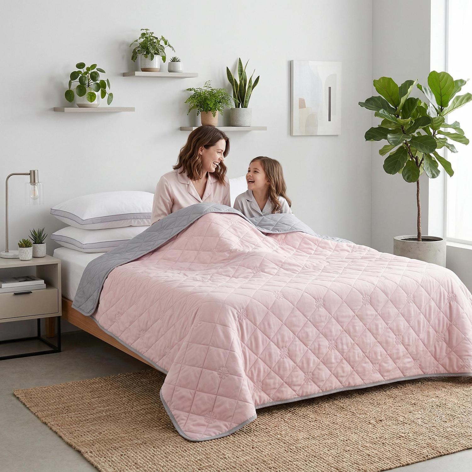 Pink and gray cooling blanket quilt on a bed with a mother and child.