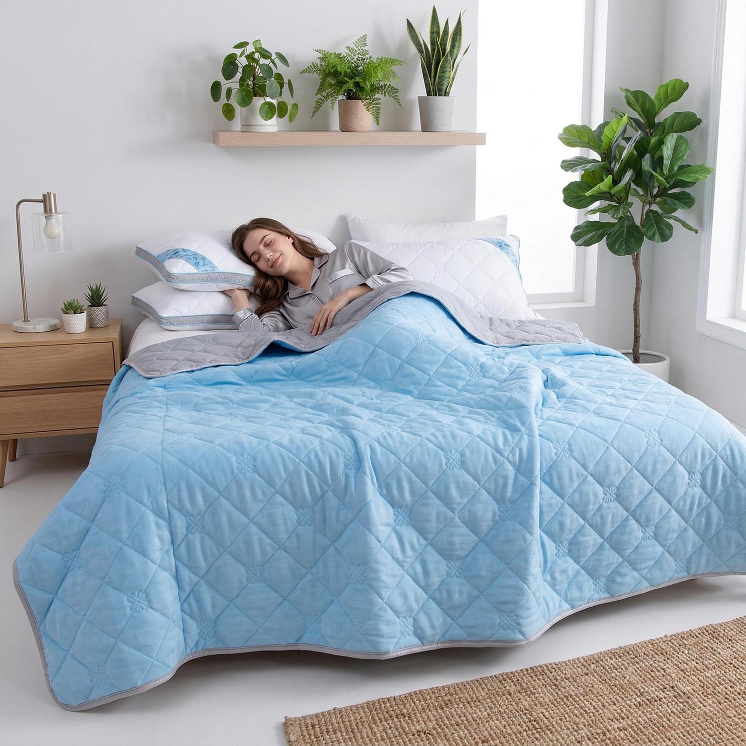Woman sleeping soundly under a light blue and gray cooling blanket with a quilted floral pattern.