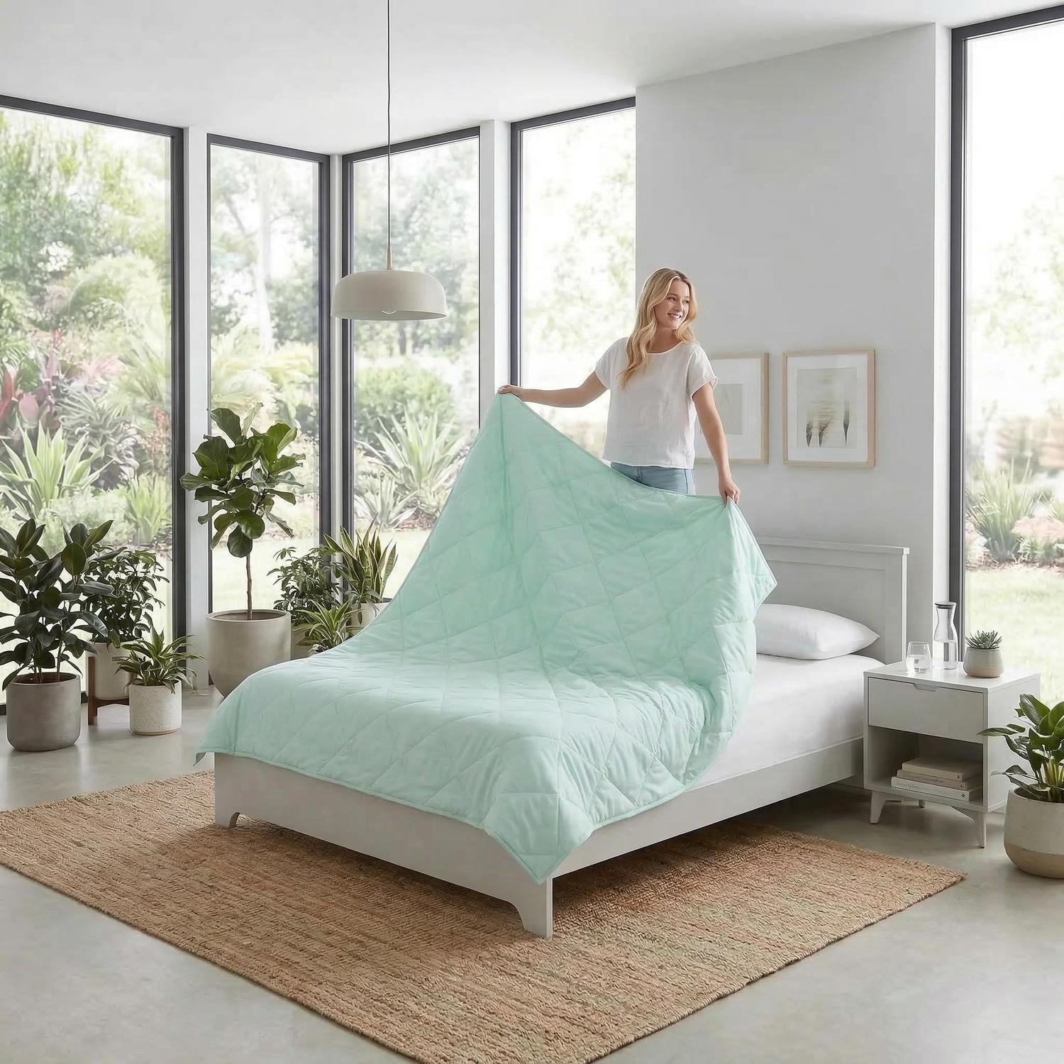 Woman placing a light green quilted cooling blanket on a white bed in a bright room.