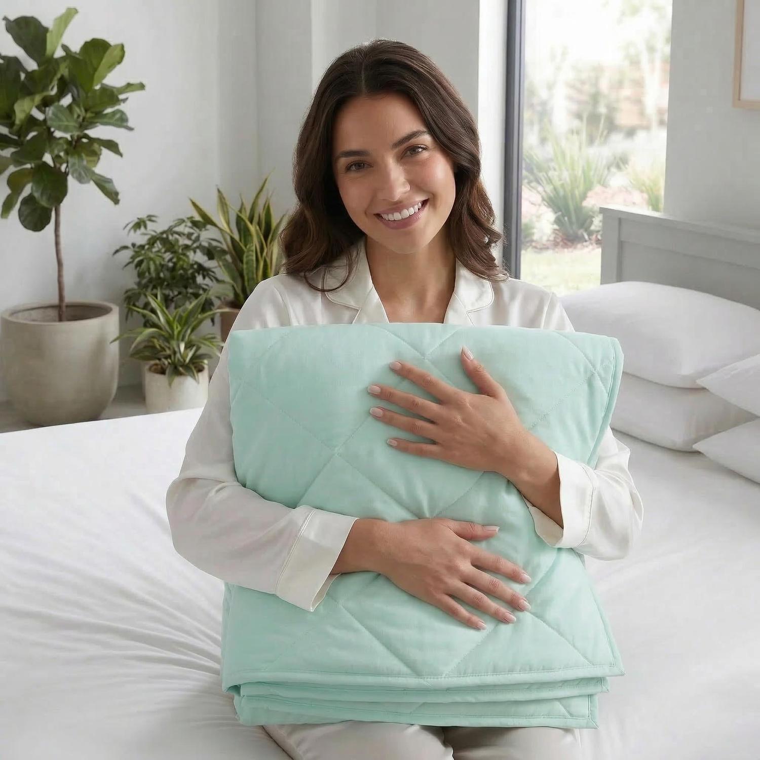 Smiling woman holding a folded light green quilted cooling blanket in a bedroom setting.