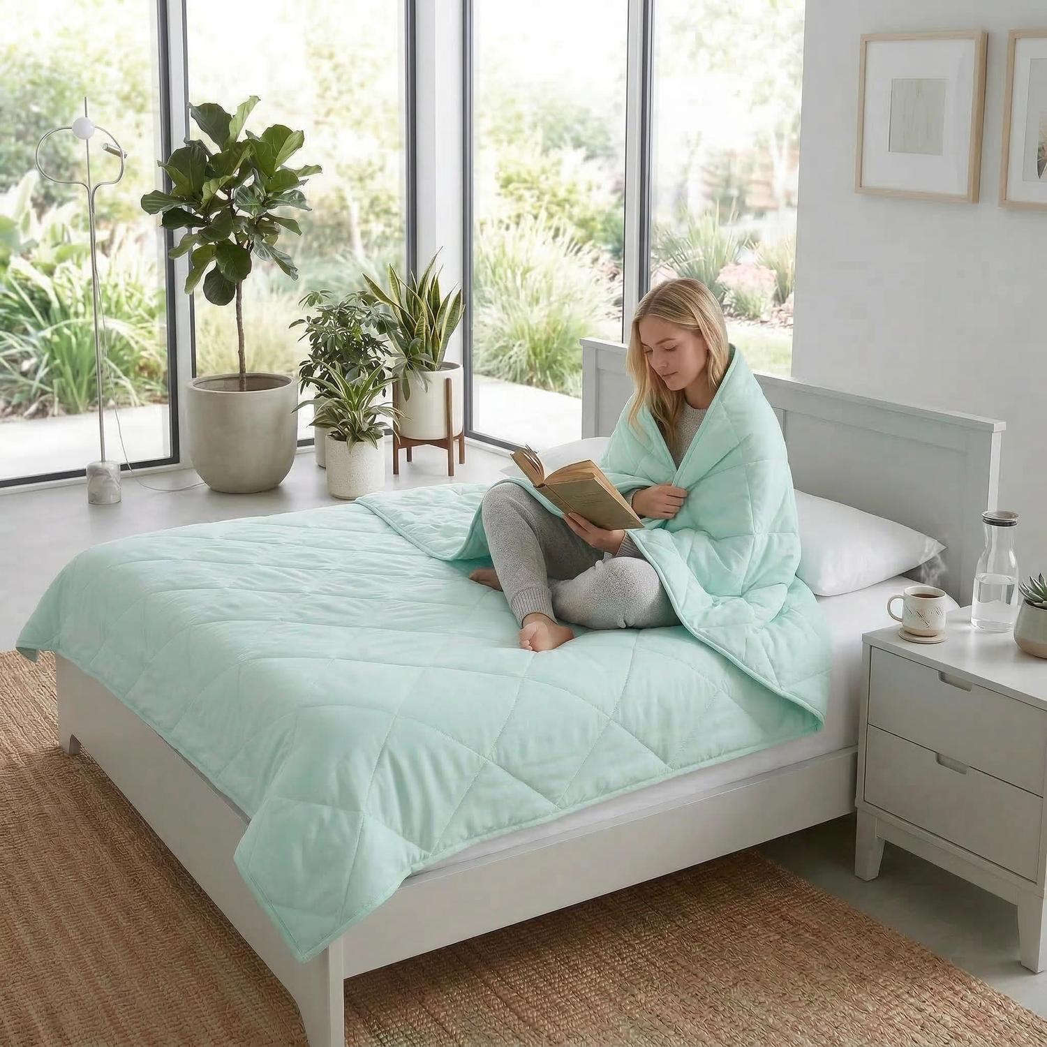 Woman on a white bed, wrapped in a light green quilted cooling blanket, reading a book.