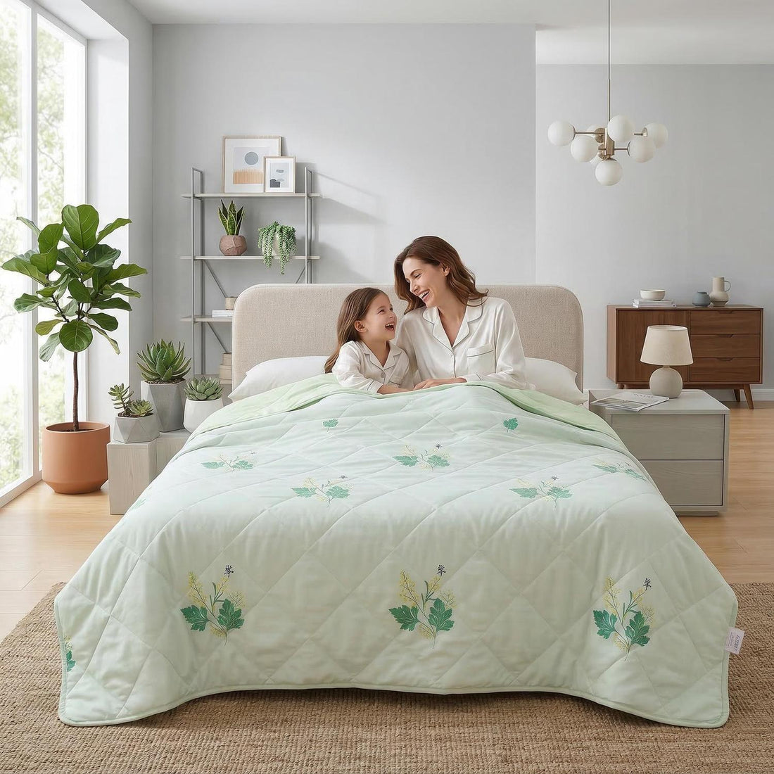 Mother and child under a light green quilted cooling blanket with subtle leaf embroidery.