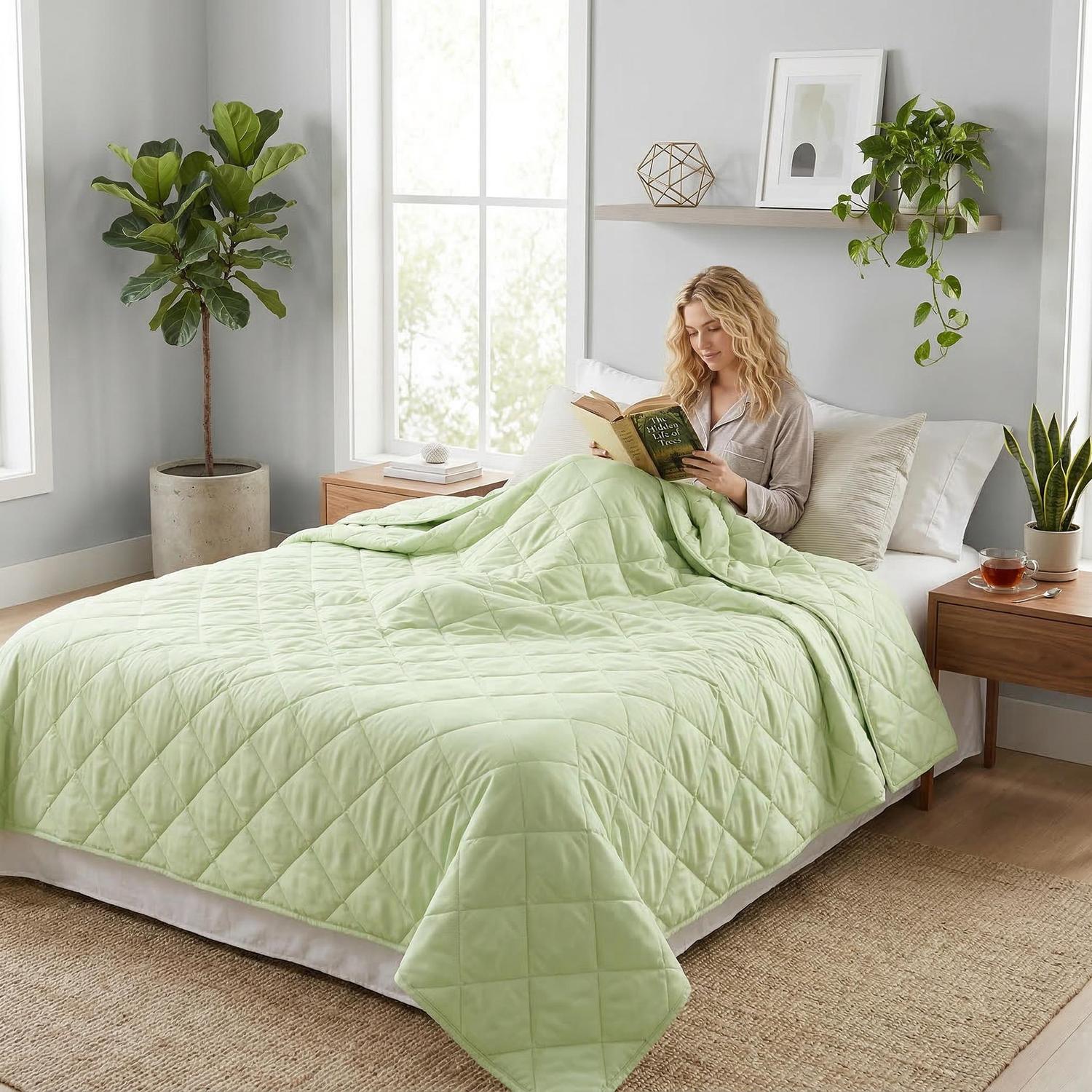 Light green quilted cooling blanket on a bed with a woman reading, ideal for warm weather comfort.