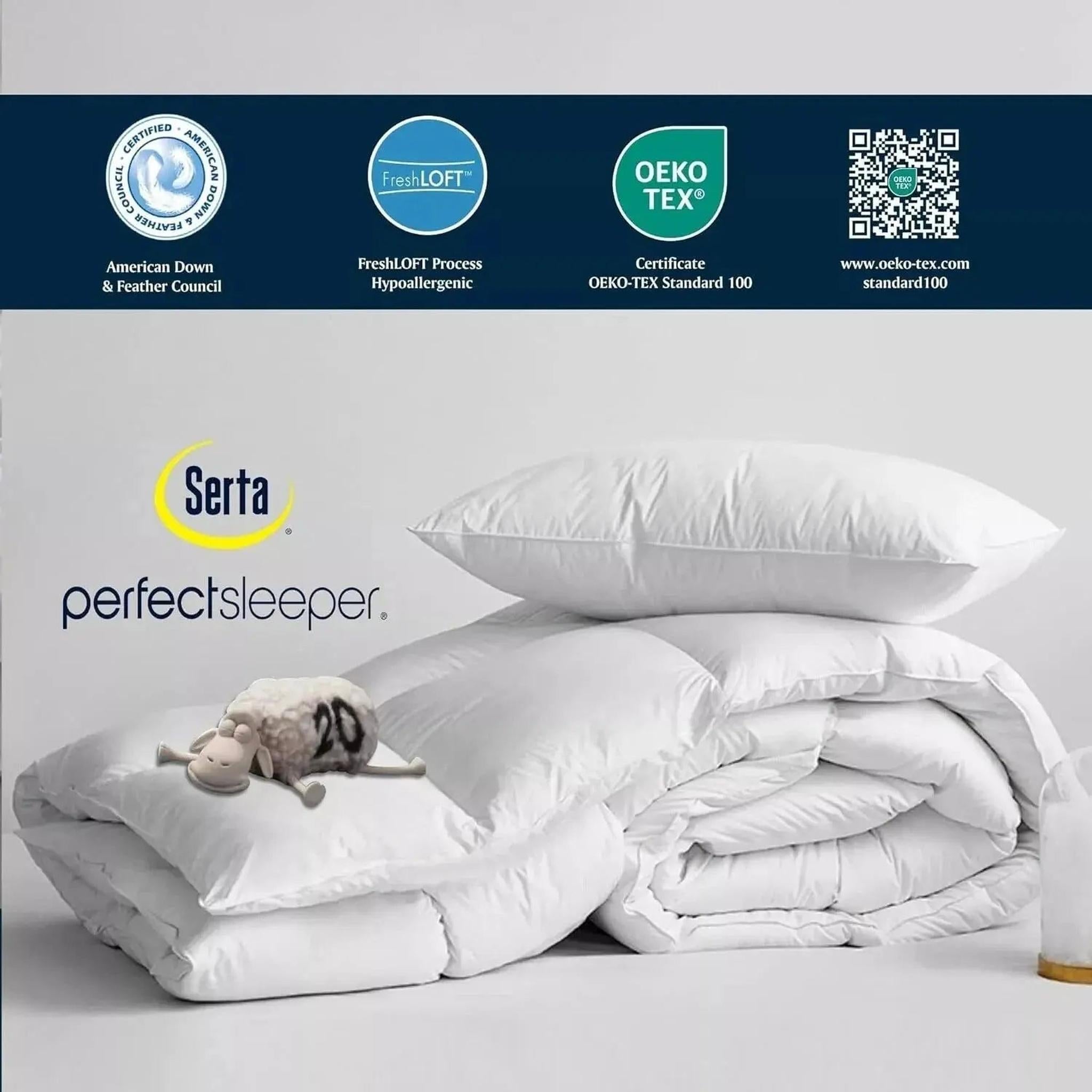 White goose down cooling comforter and pillow with a sheep toy, highlighting quality certifications.
