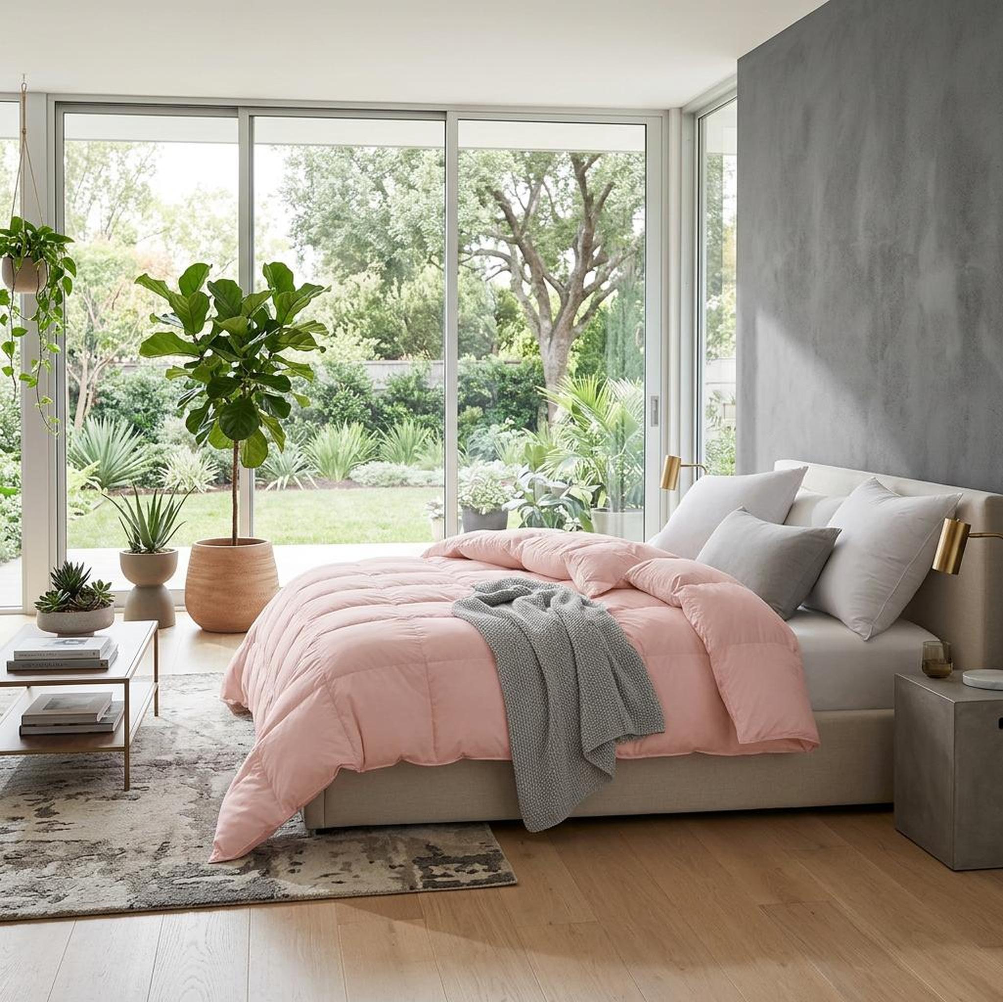 Pink cooling comforter goose down quilt on a bed in a bright, modern bedroom with large windows.