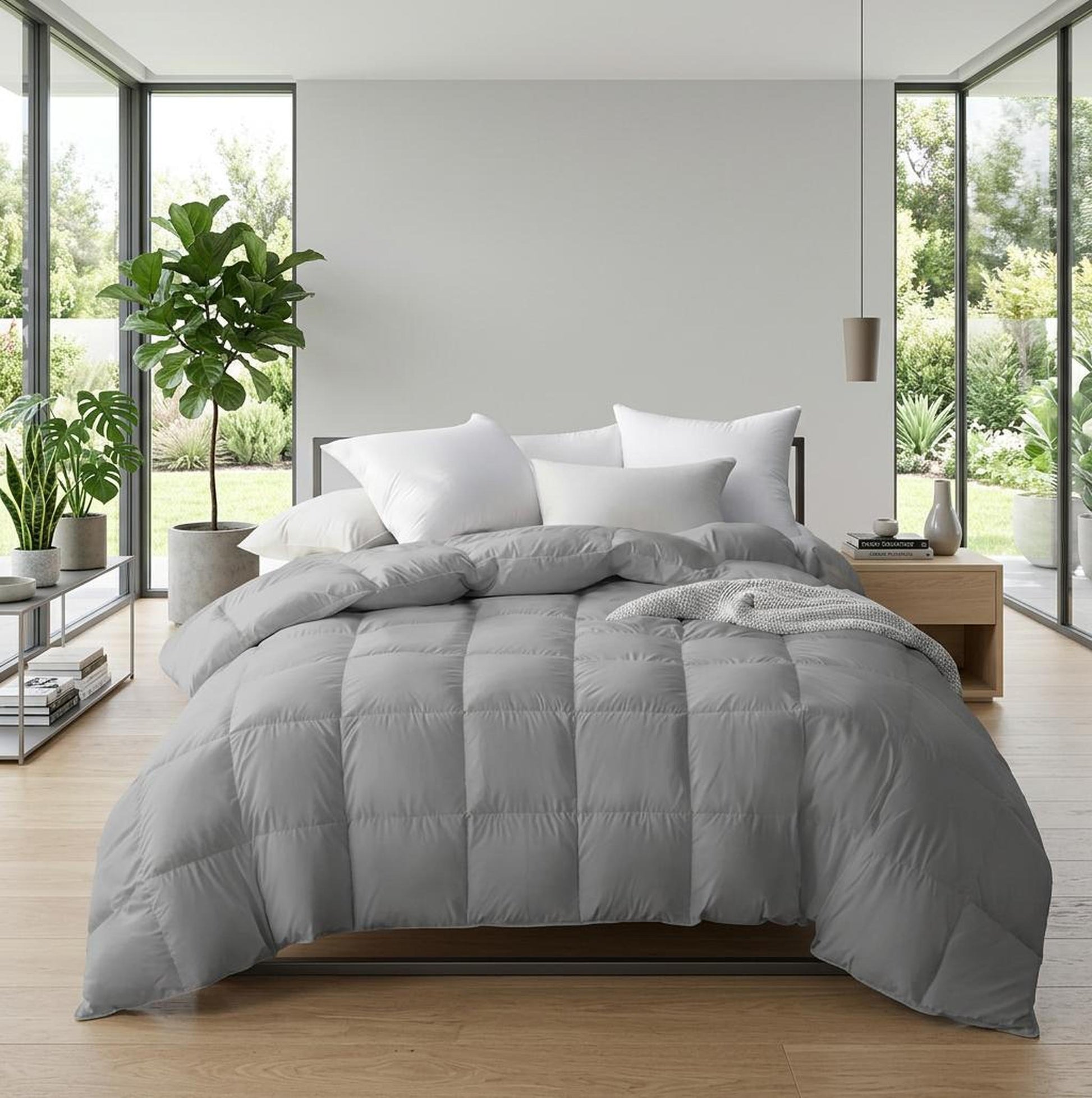 Gray goose down comforter with a quilted design on a bed with white pillows.