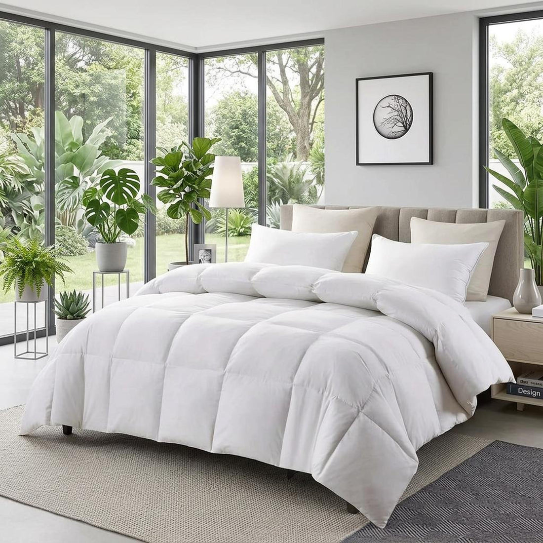 Woman relaxing in a modern bedroom with a white goose down cooling comforter on a bed.