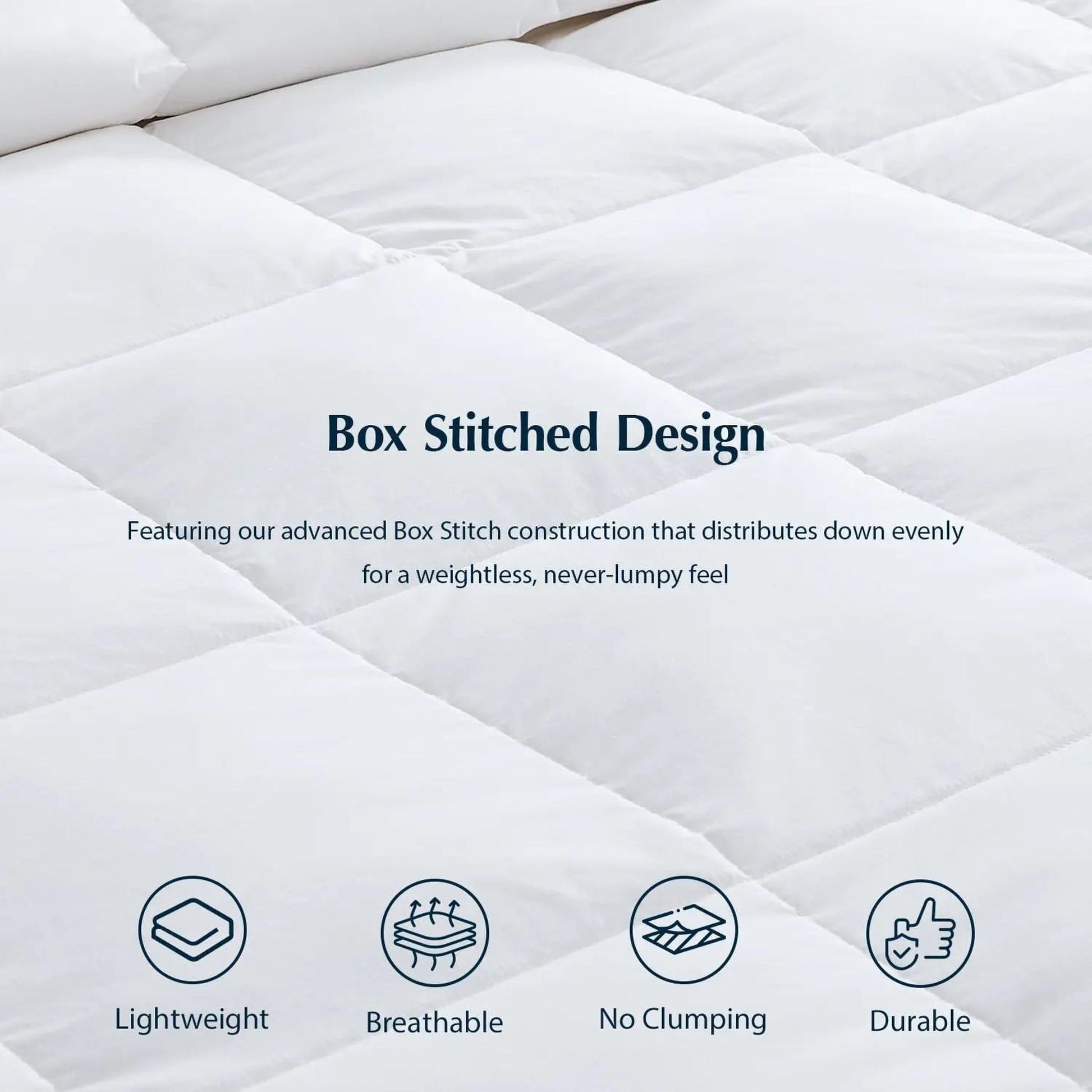 White goose down cooling comforter with box-stitched design, highlighting lightweight, breathable, and durable features.