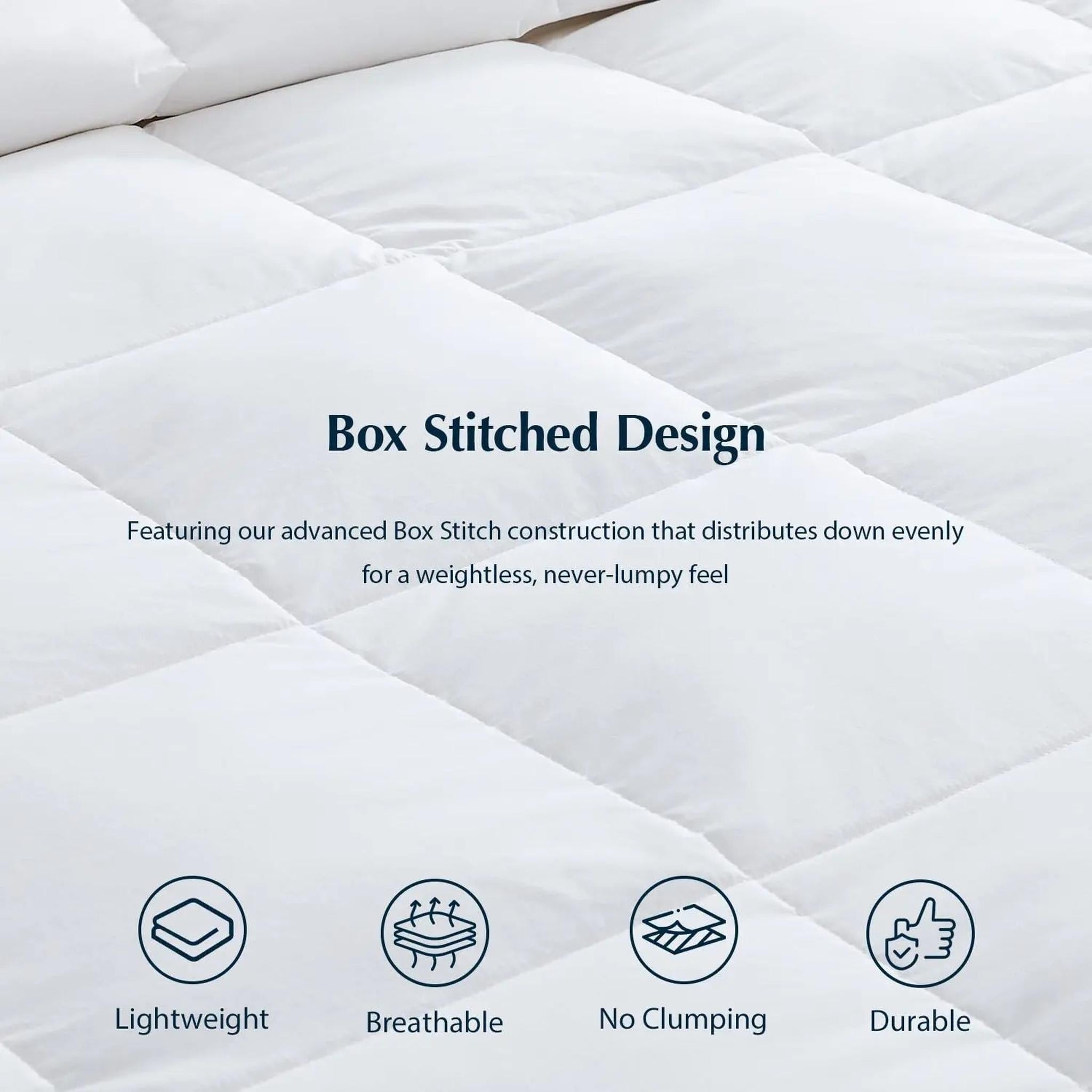 White goose down cooling comforter with box-stitched design, highlighting lightweight, breathable, and durable features.