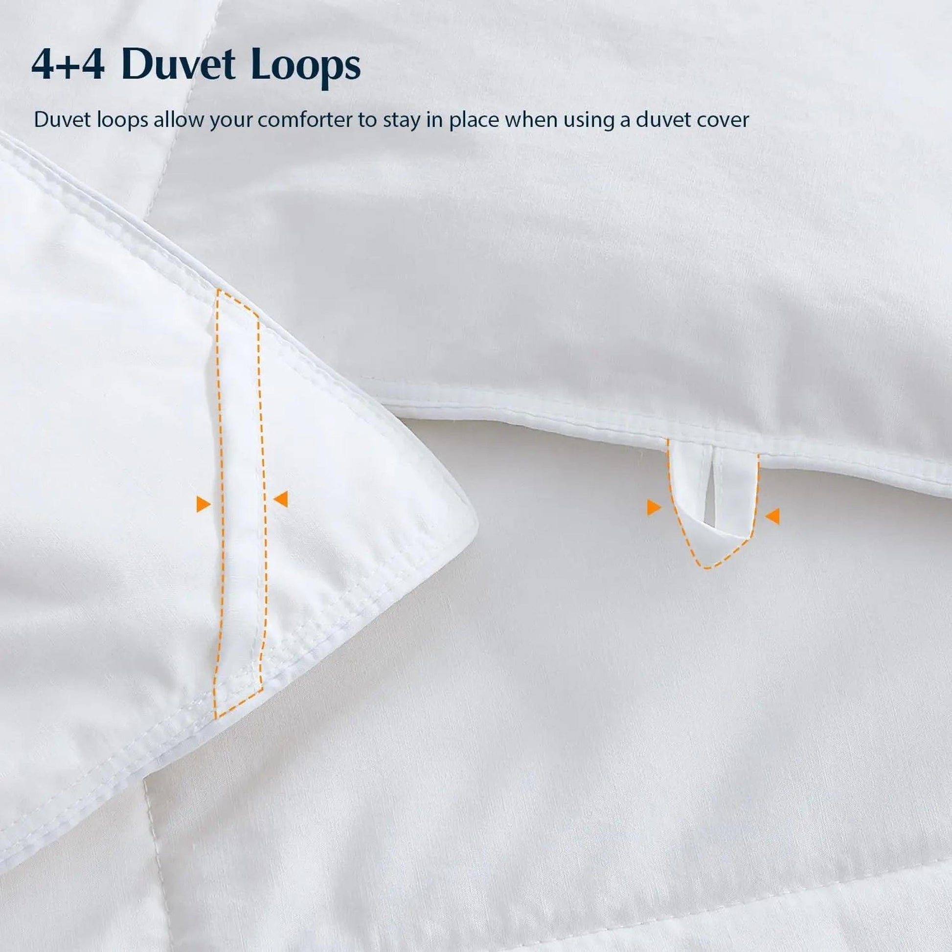 White cooling goose down comforter with 4+4 duvet loops for secure duvet cover attachment.