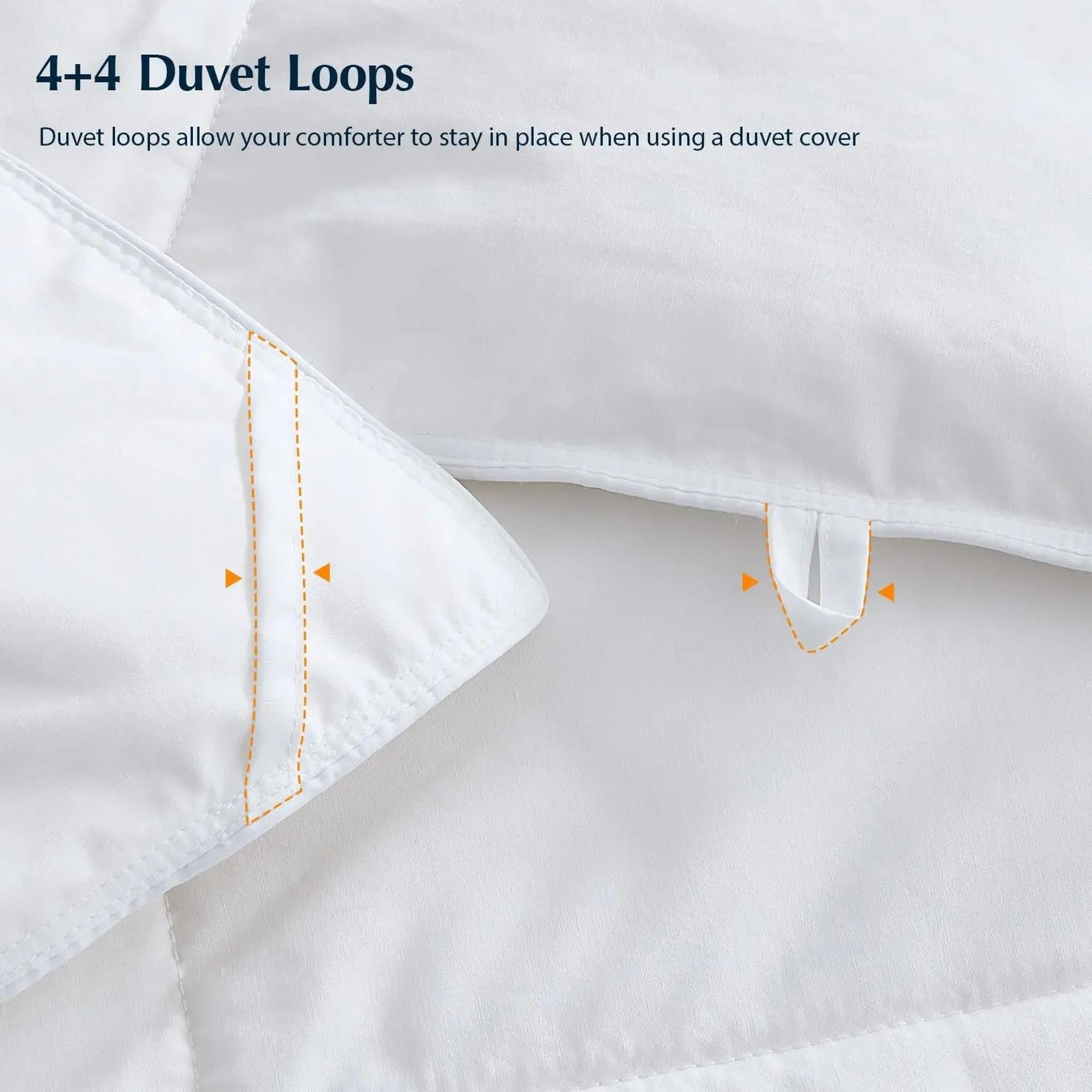 White cooling goose down comforter with 4+4 duvet loops for secure duvet cover attachment.