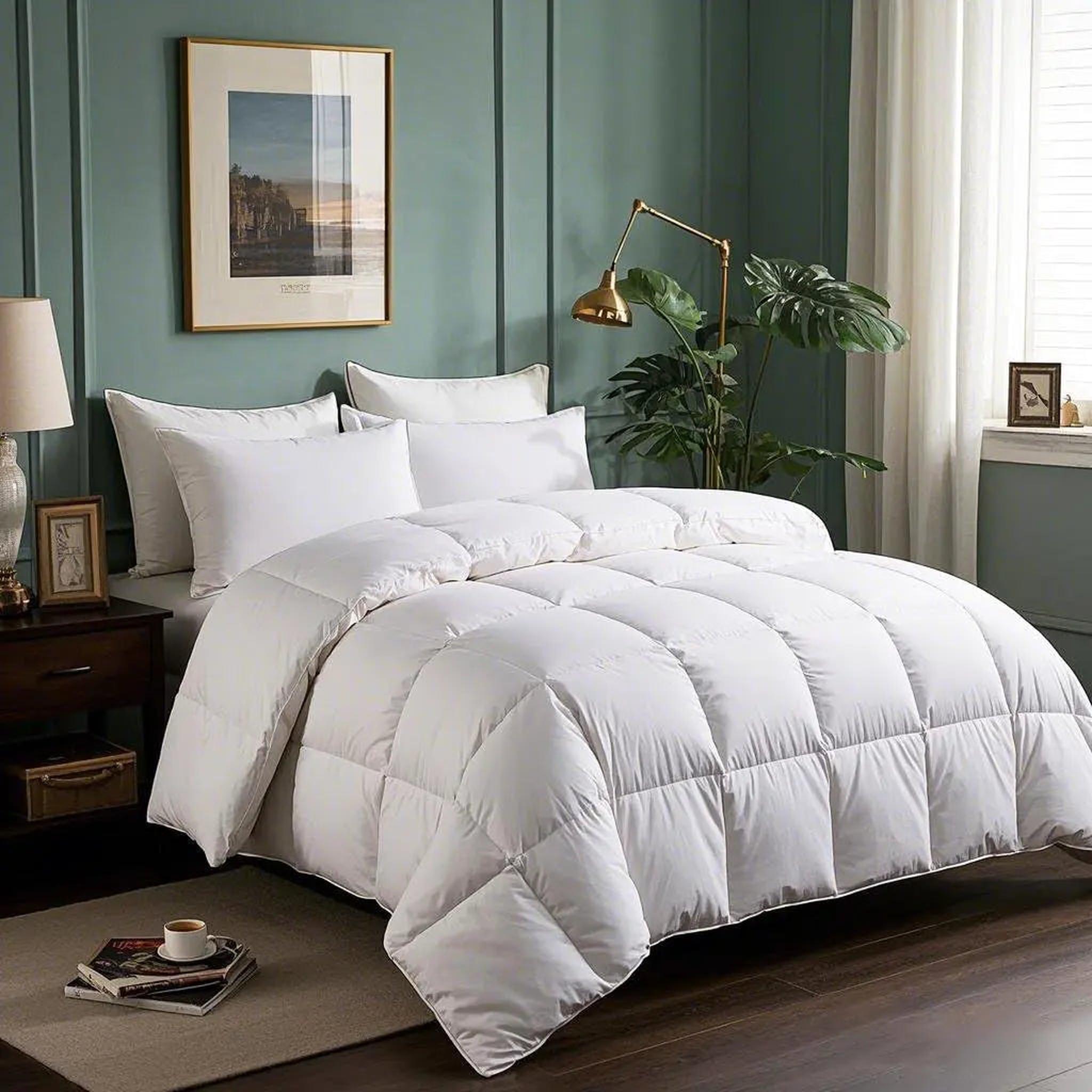 White goose down cooling comforter quilt with a soft, airy texture on a bed.
