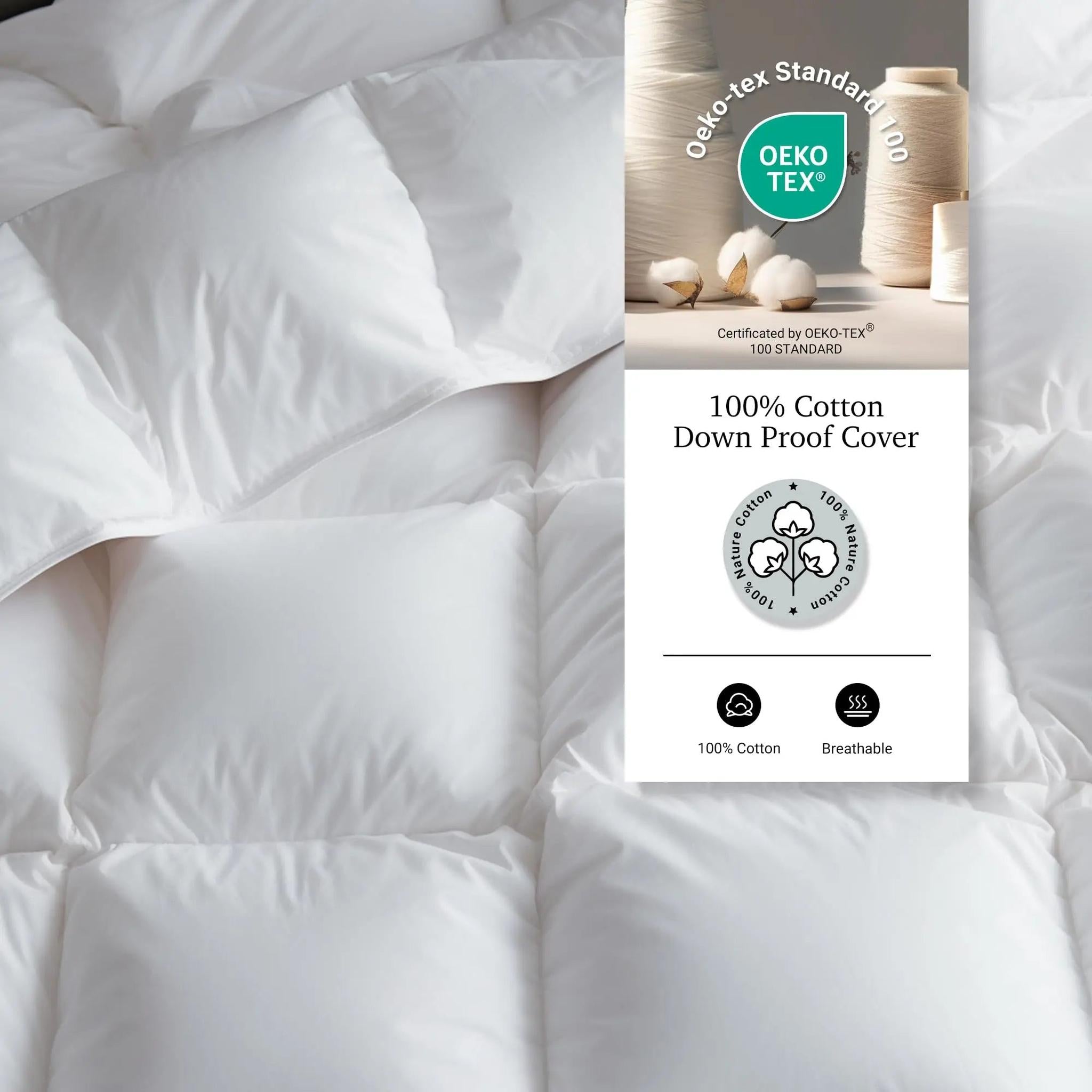 White goose down cooling comforter with a soft, airy, and breathable 100% cotton cover.