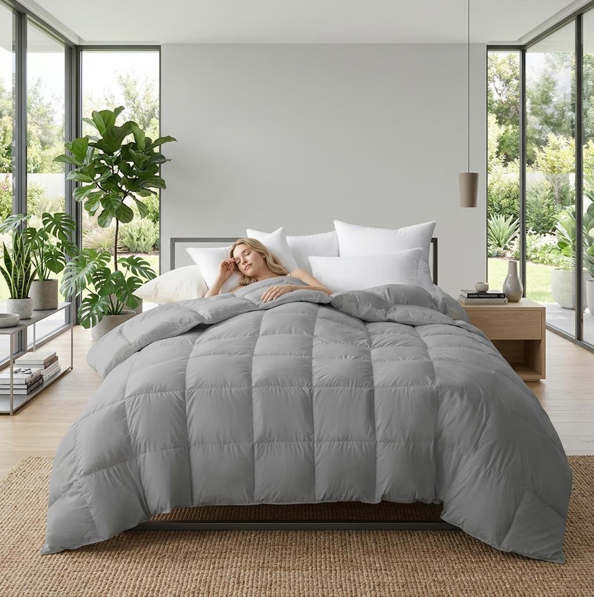 Woman sleeping peacefully under a soft, light gray goose down comforter with a quilted design.