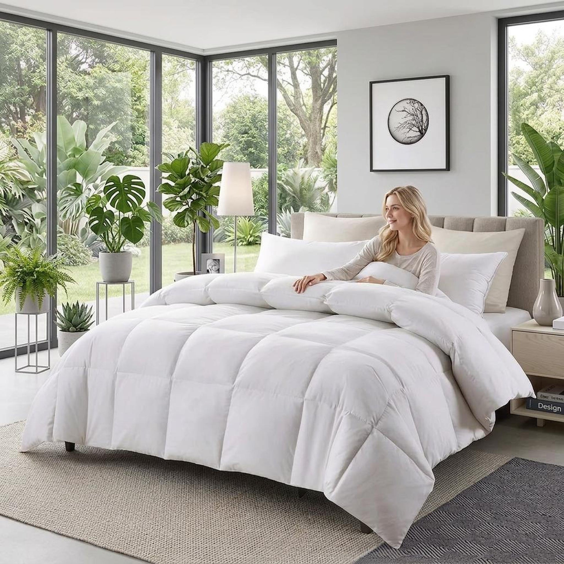 Woman relaxing in a modern bedroom with a white goose down cooling comforter on a bed.
