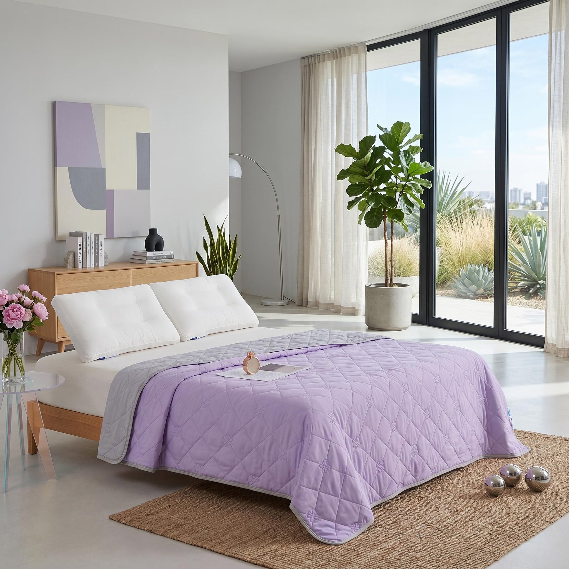 Light purple quilted cooling blanket on a bed in a modern bedroom with large windows.