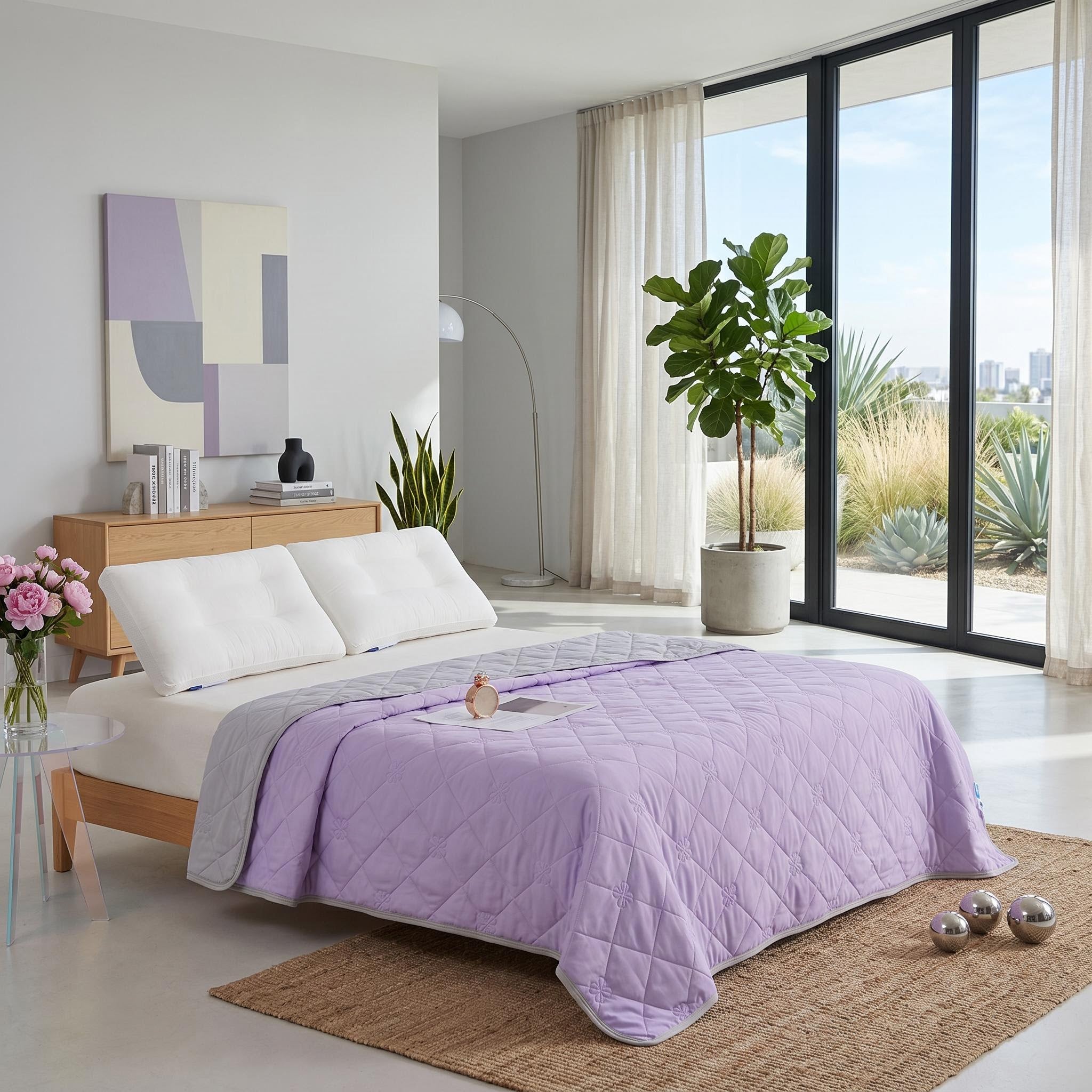 Light purple quilted cooling blanket on a bed in a modern bedroom with large windows.