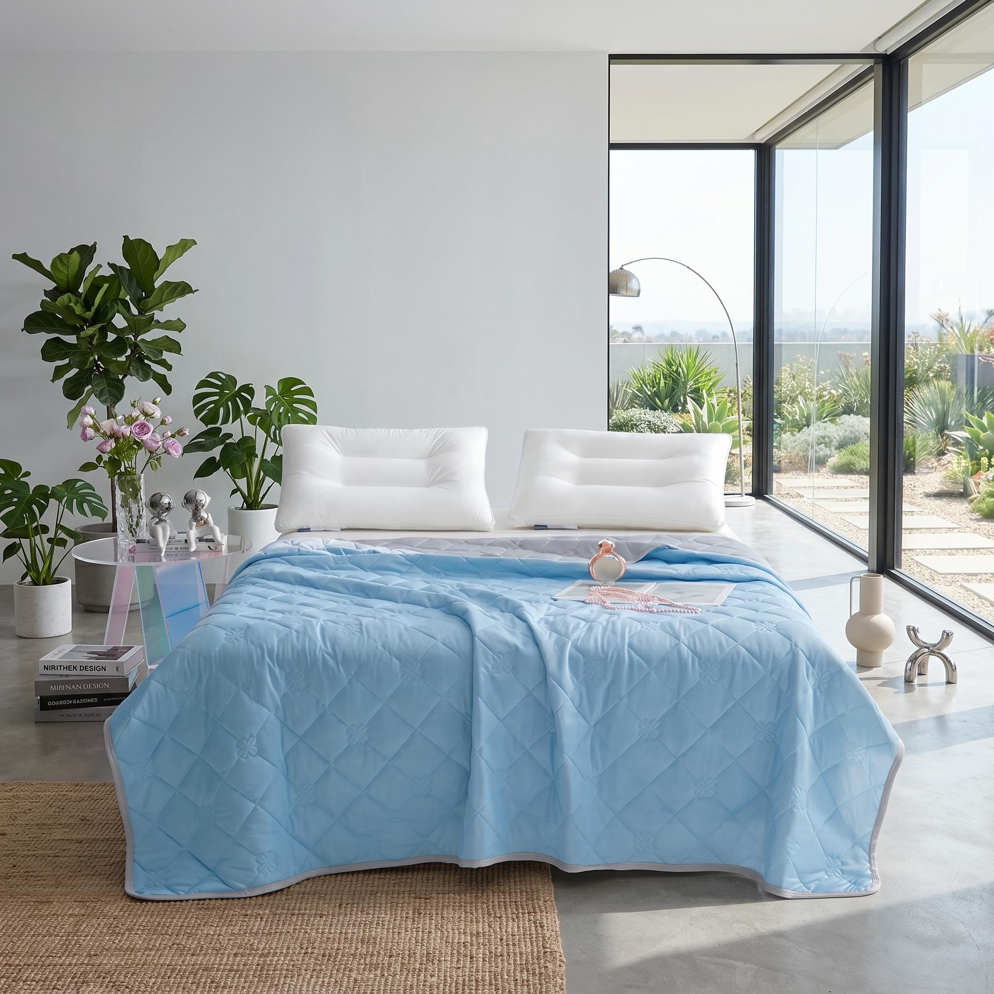 Light blue quilted cooling blanket on a bed with white pillows in a modern bedroom.